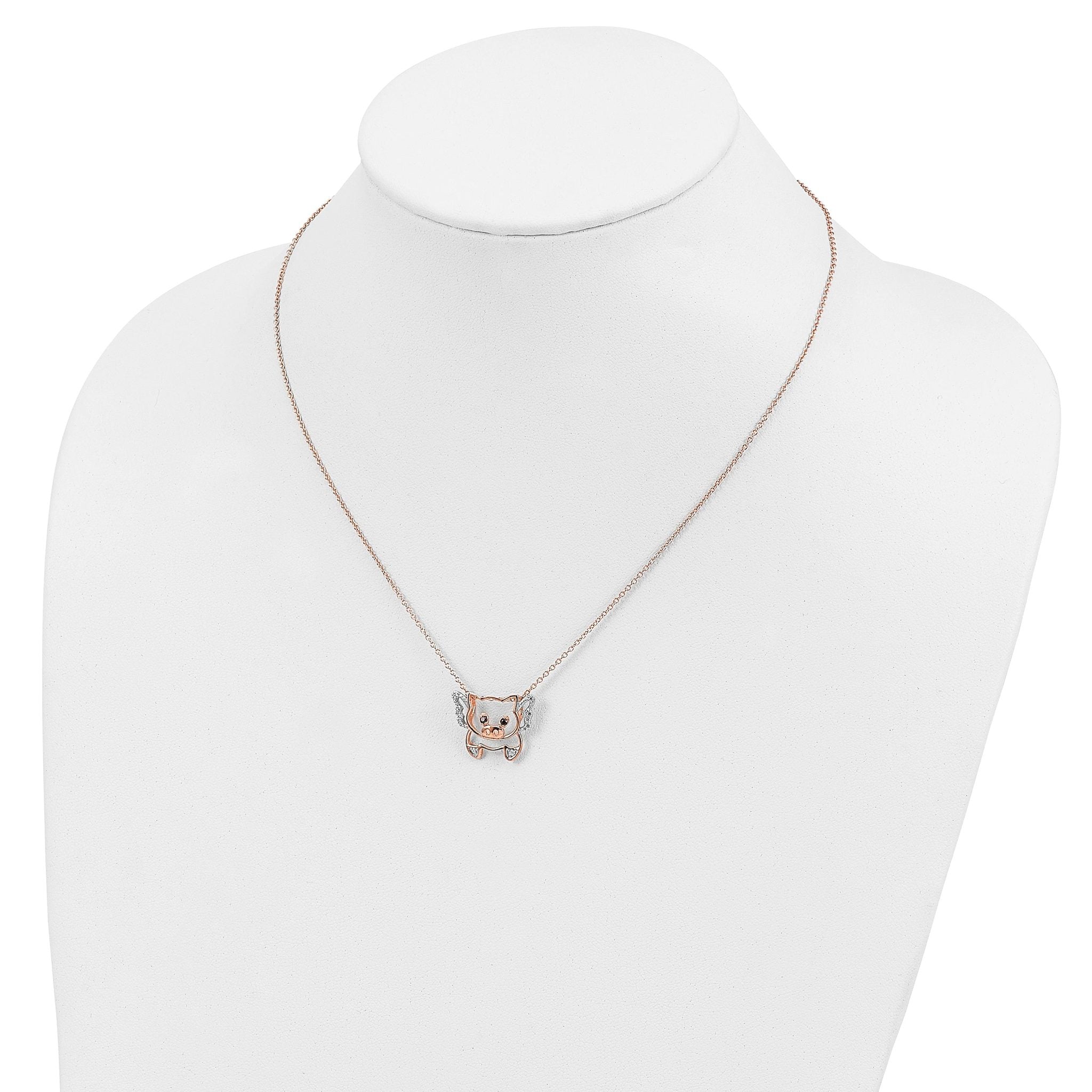 Cheryl M Sterling Silver Rose Gold-plated Brilliant-cut Black GlaSterling Silver and Brilliant-cut White CZ Flying Pig 18 Inch Necklace