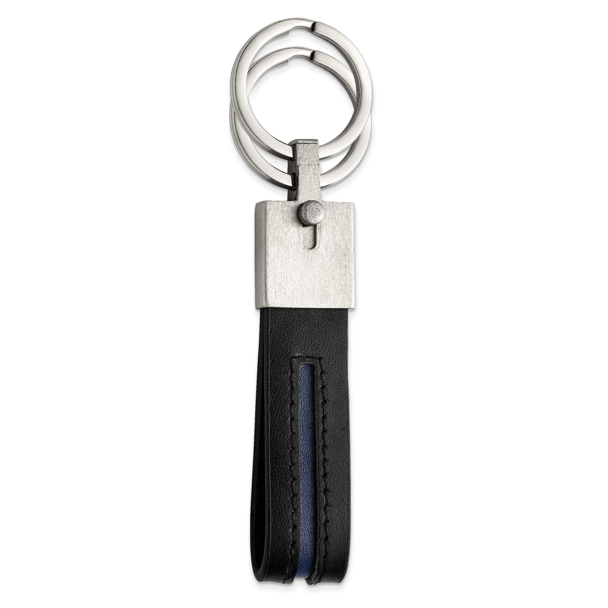 Chisel Stainless Steel Brushed with Removable Ring Black and Blue Leather Key Ring Main image