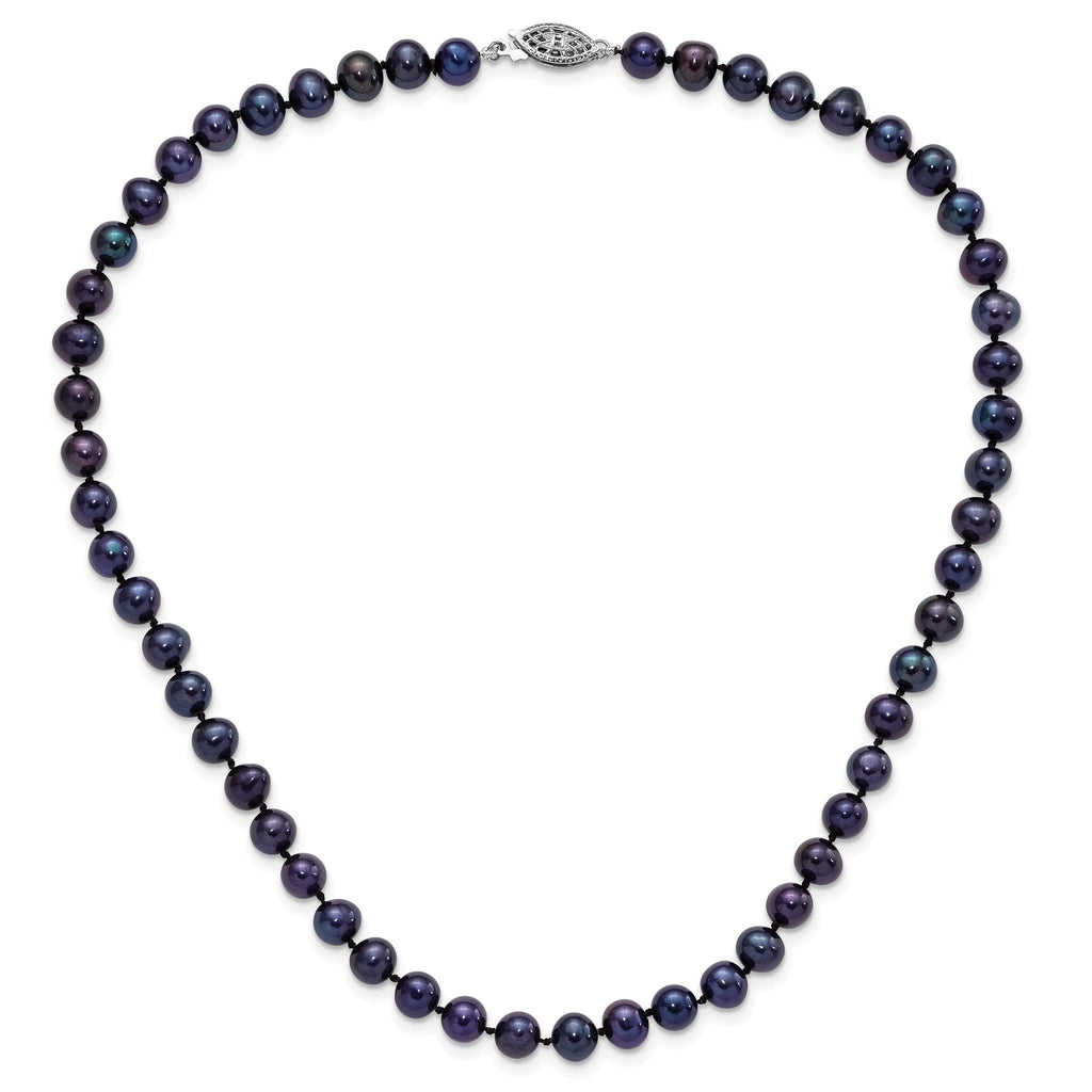 Sterling Silver Rhodium-plated 6-7mm Black Near-Round Freshwater Cultured Pearl 16 inch Necklace