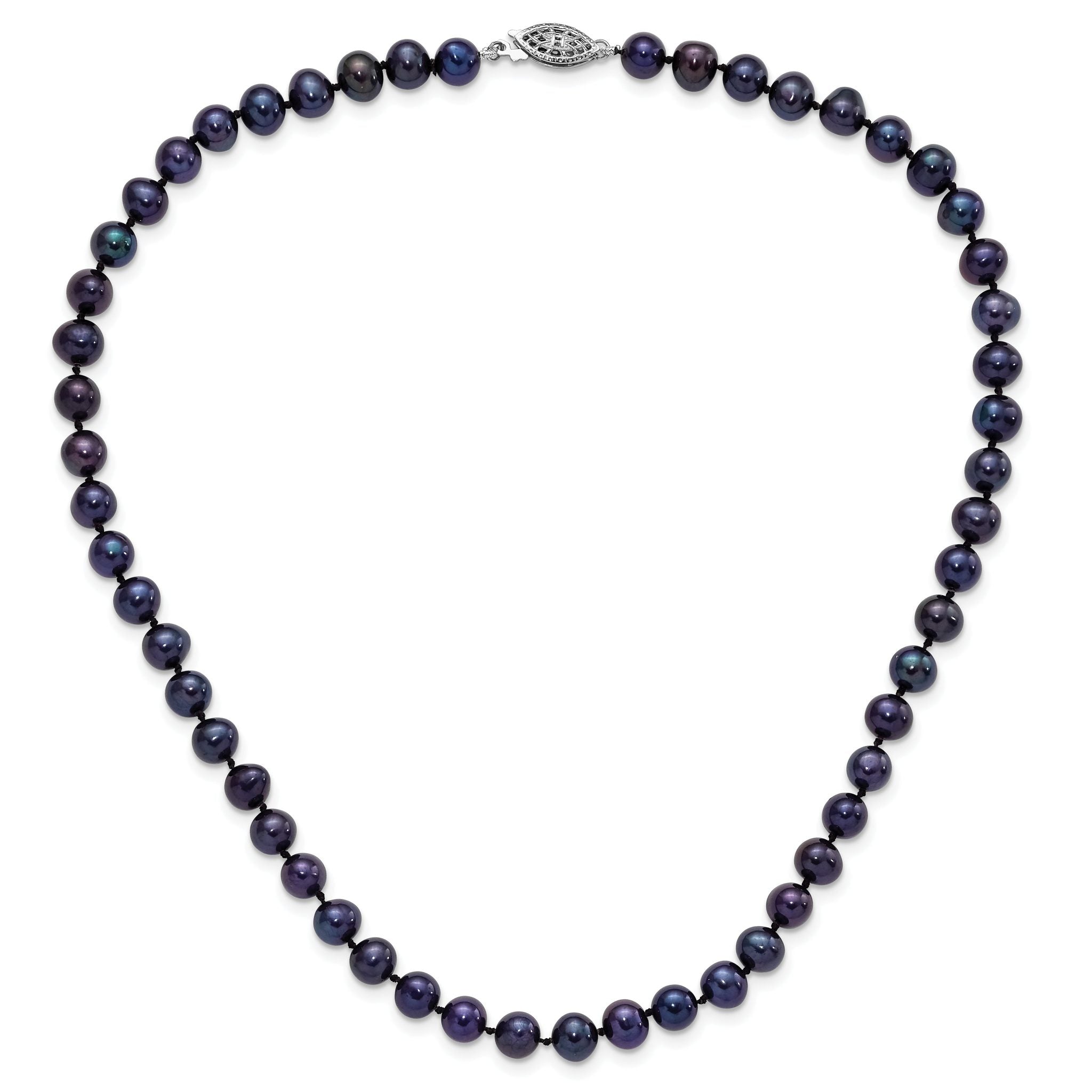 Sterling Silver Rhodium-plated 6-7mm Black Near-Round Freshwater Cultured Pearl 16 inch Necklace