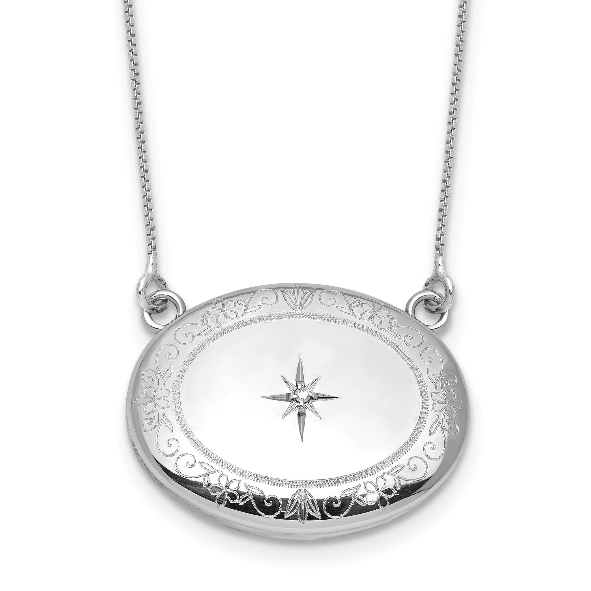 Sterling Silver Rhodium-plated Polished Front/Brushed Back 1/20 ct. Diamond Floral 18.75 inch with 2 inch ext. 20mm Oval Locket Necklace Main image