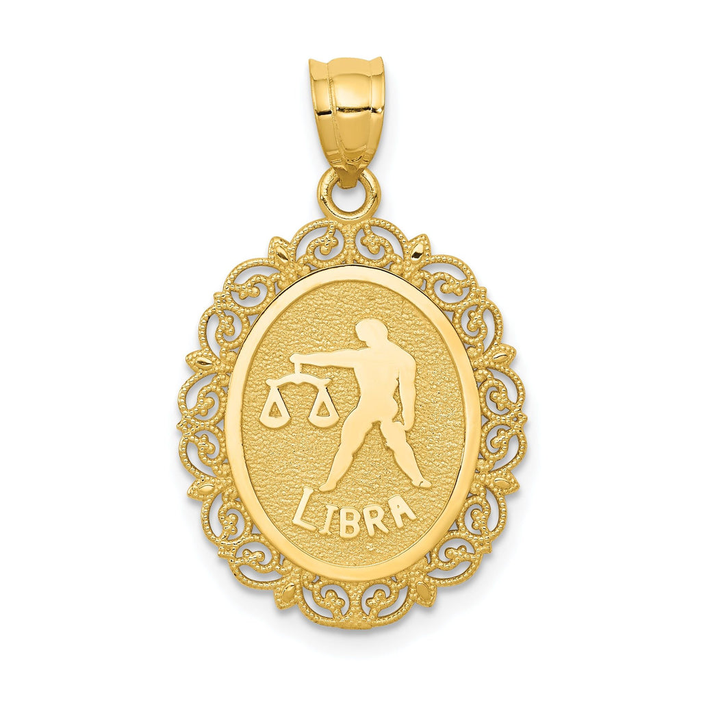 14K Gold Libra Zodiac Oval Pendant with Polished Satin Finish