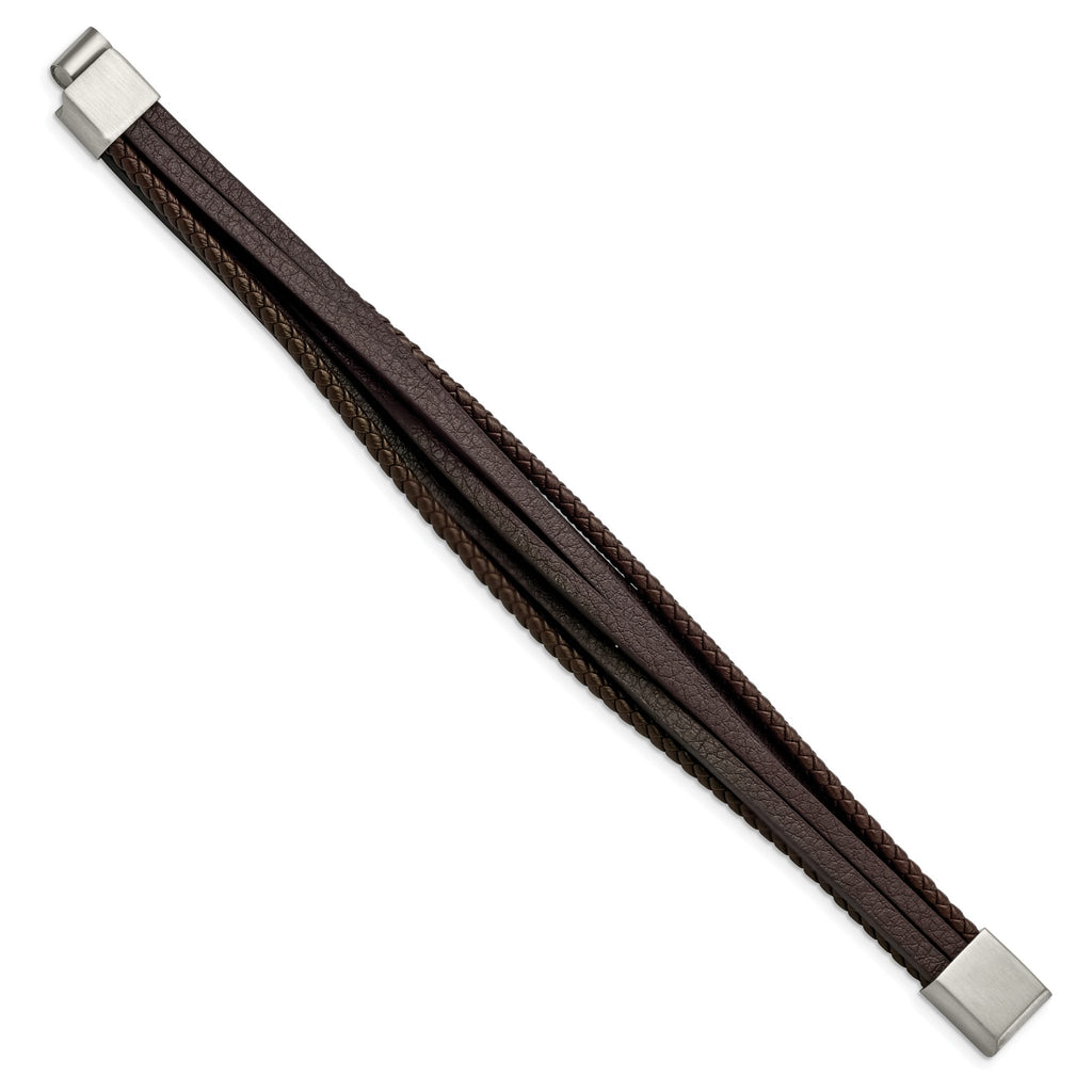 Stainless Steel Brushed Multi Strand Brown Leather Bracelet