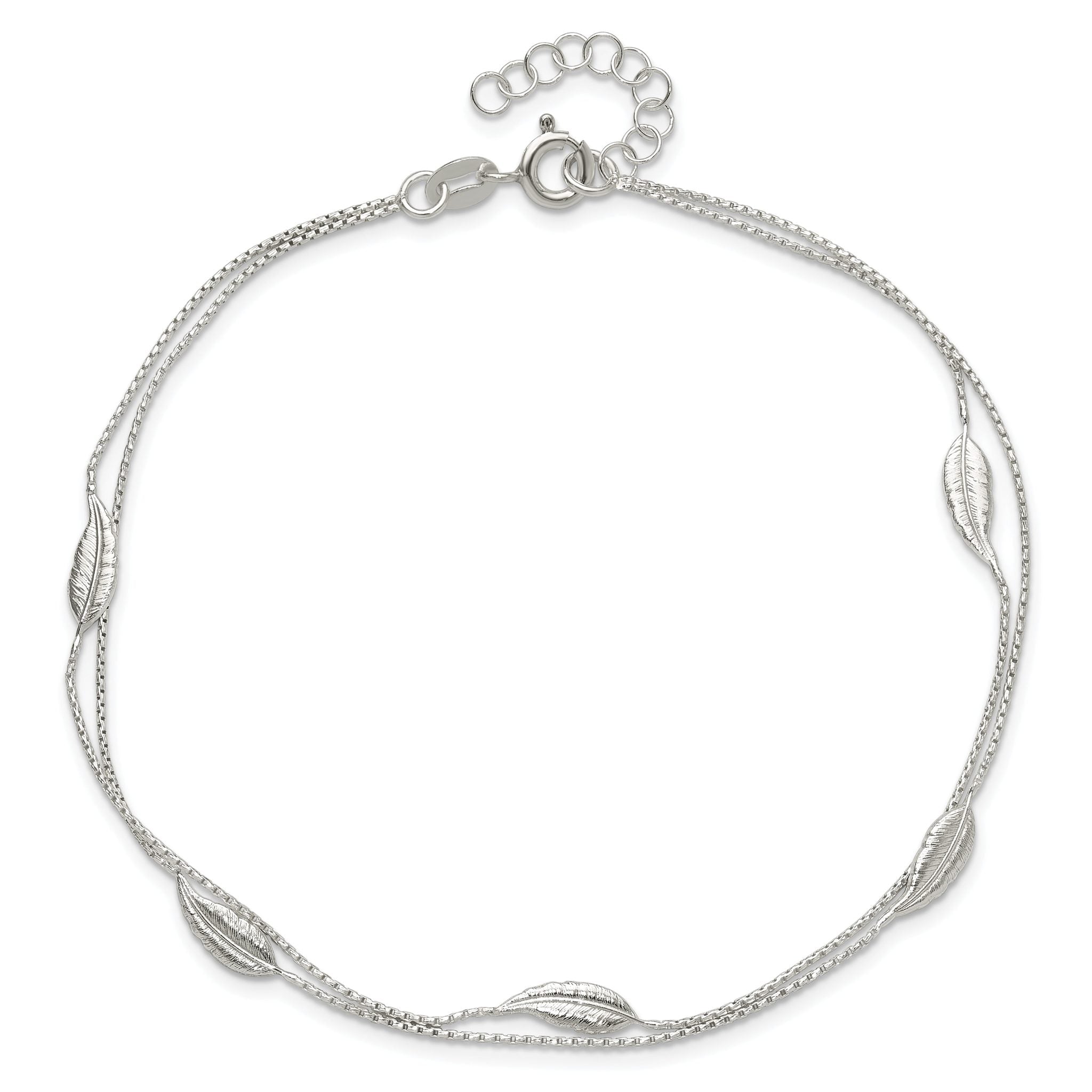 Sterling Silver 2-Strand Feathers 9 inch Plus 1 inch Extender - Total 10 inch Anklet