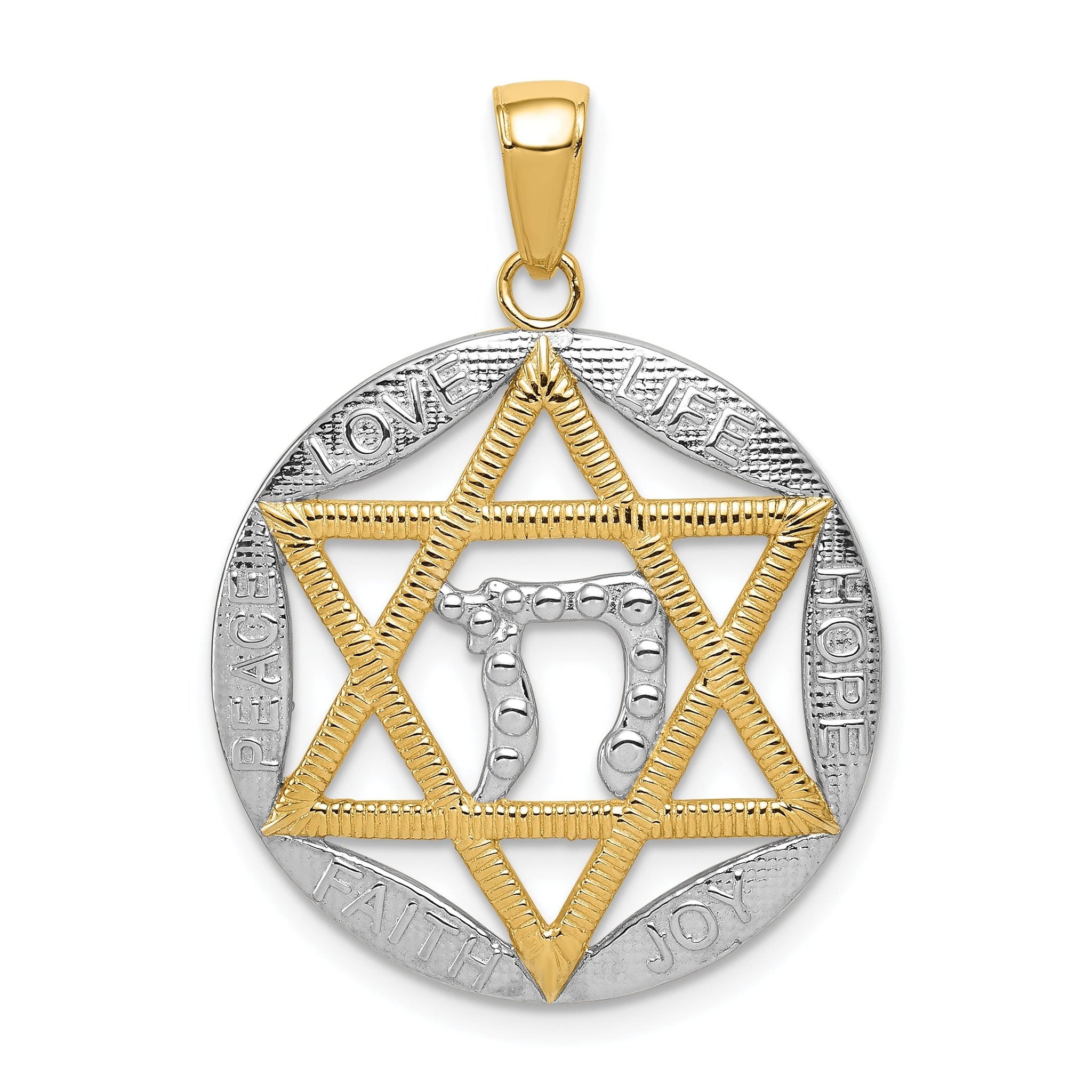 14K Gold Rhodium Polished Star of David Chai Pendant  Elegant Solid Design