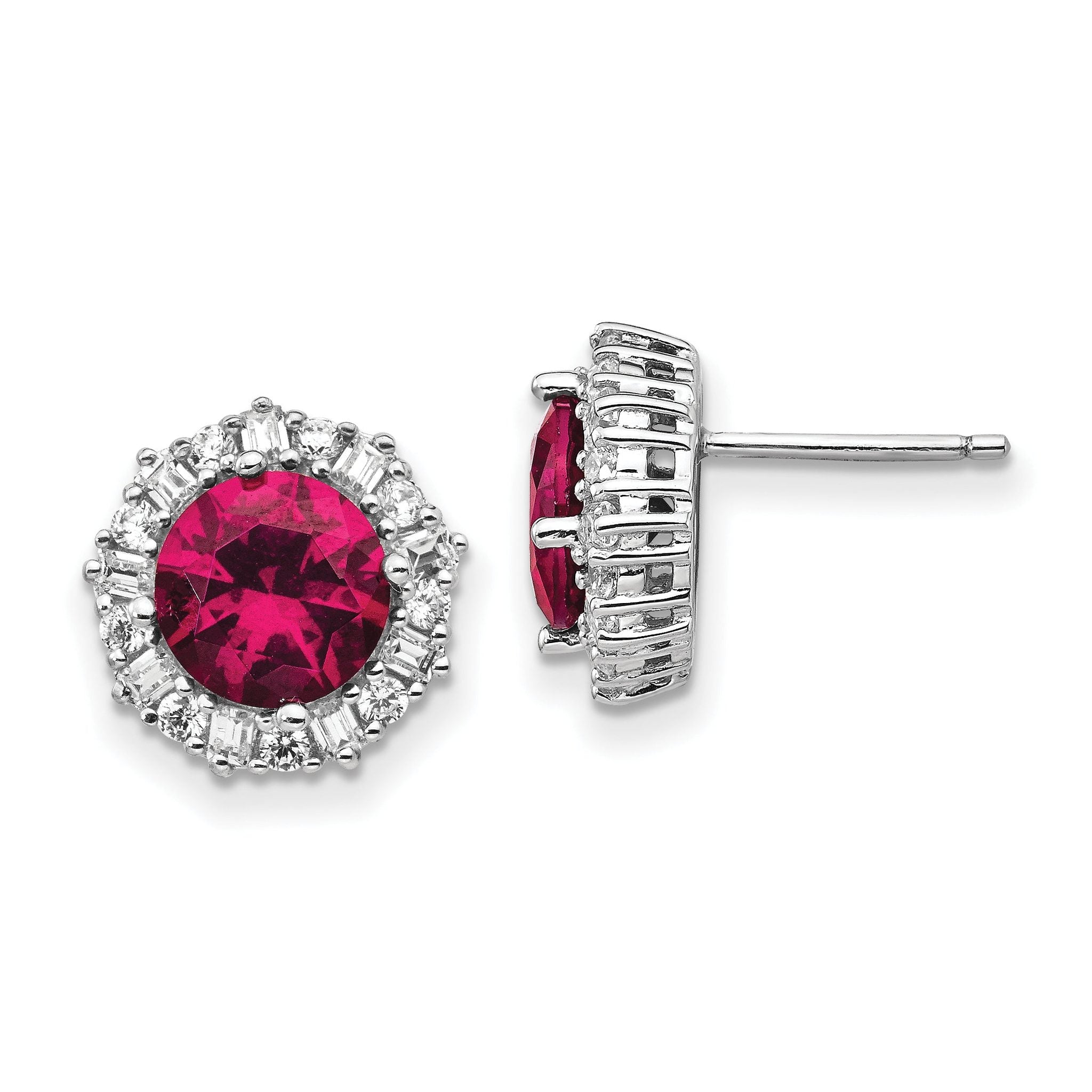 Cheryl M Sterling Silver Rhodium-plated Brilliant-cut Lab Created Ruby and Brilliant-cut/Baguette-cut White CZ Post Earrings Main image