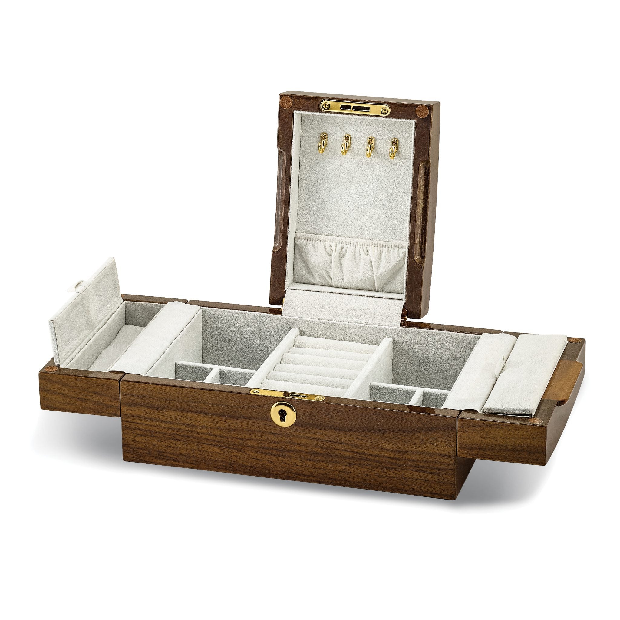 Luxury Giftware High GloSterling Silver Mapa Burl and Walnut Burl Veneer Fold-out Top Locking Wooden Jewelry Box