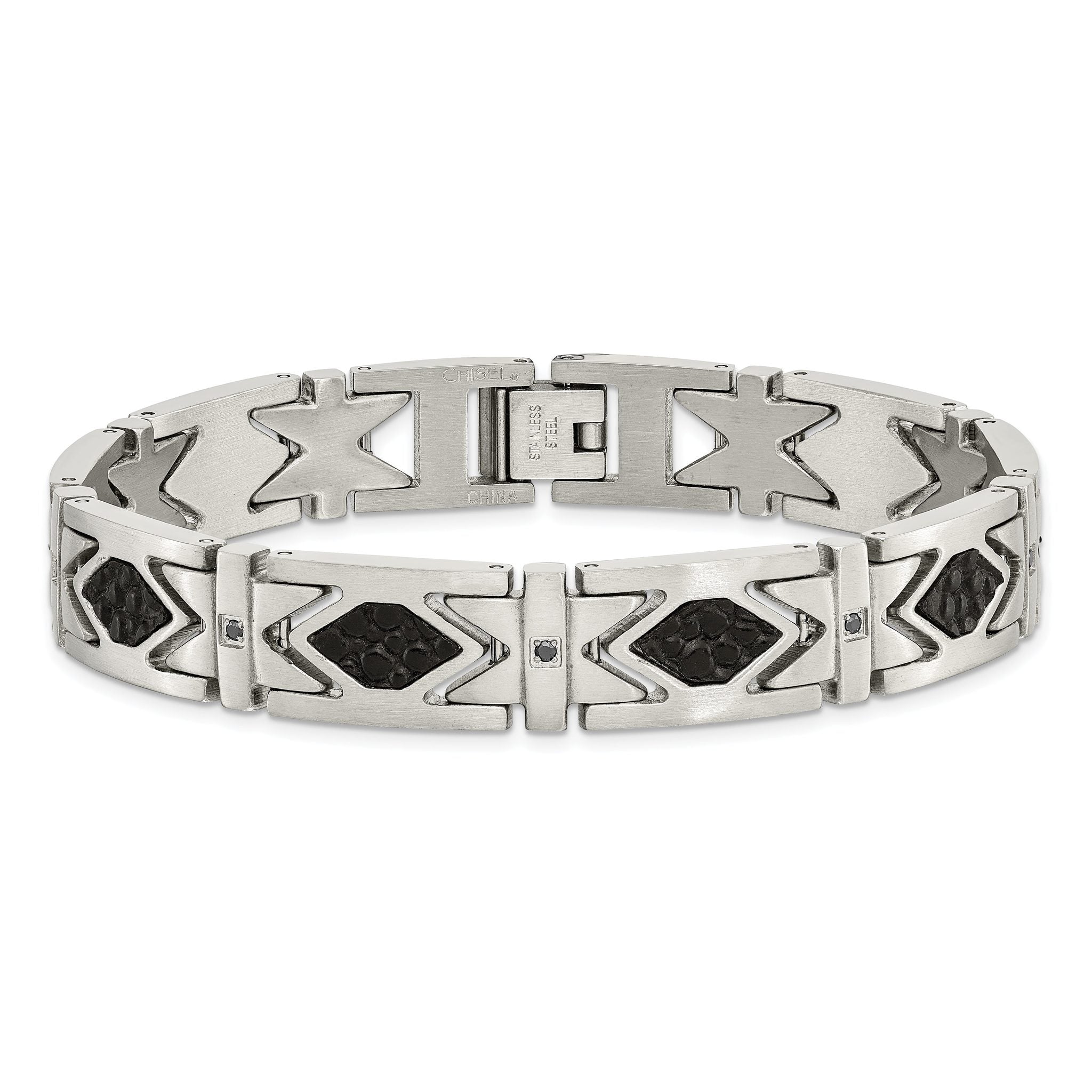 Stainless Steel Brushed with Stringray Textured Black Leather and Black Cubic Zirconia Link Bracelet for Men Secondary image