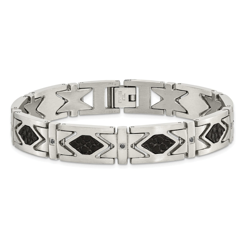 Stainless Steel Brushed with Stringray Textured Black Leather and Black Cubic Zirconia Link Bracelet for Men
