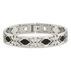 Stainless Steel Brushed with Stringray Textured Black Leather and Black Cubic Zirconia Link Bracelet for Men