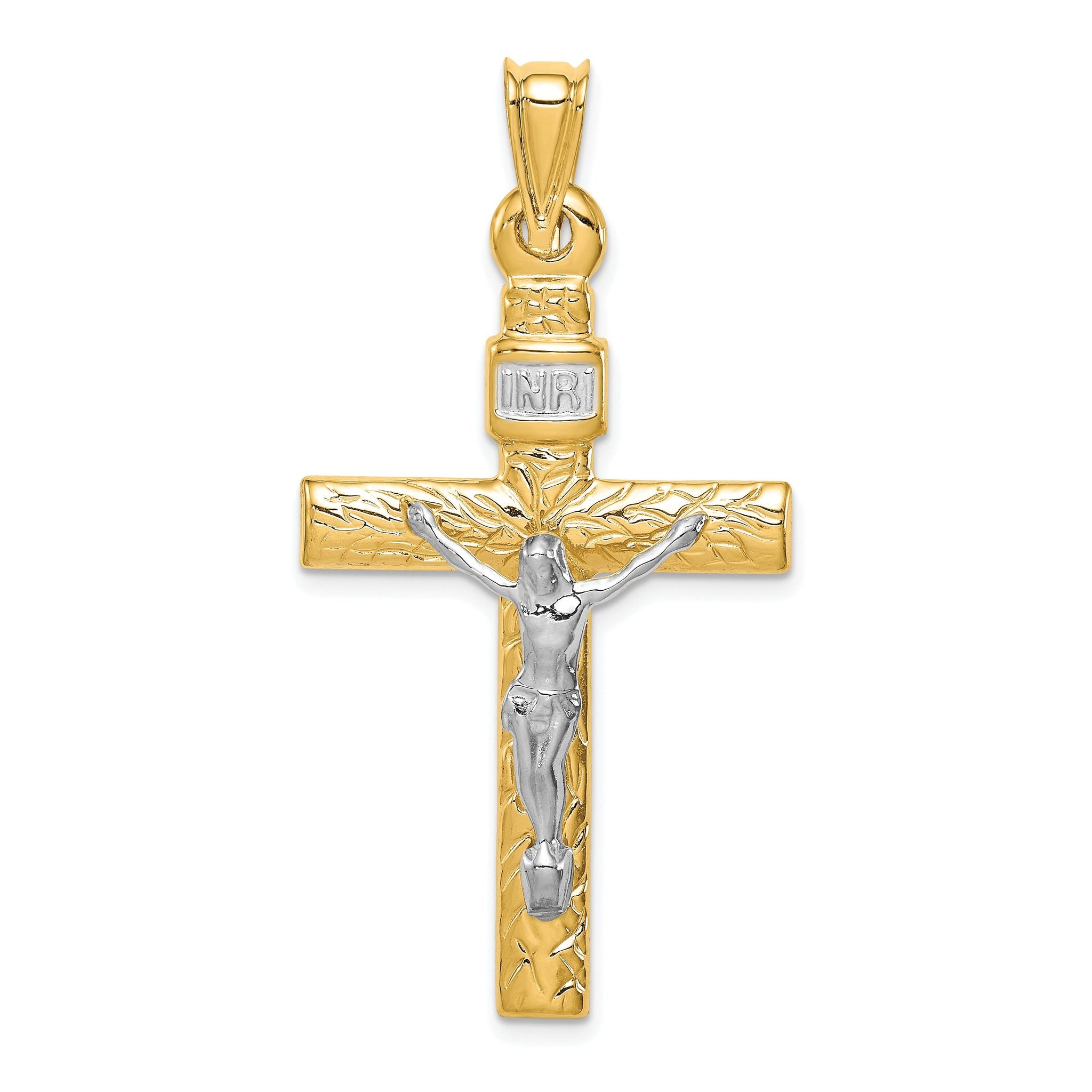 14K Two-Tone Gold Crucifix Pendant with Rhodium Polished Finish