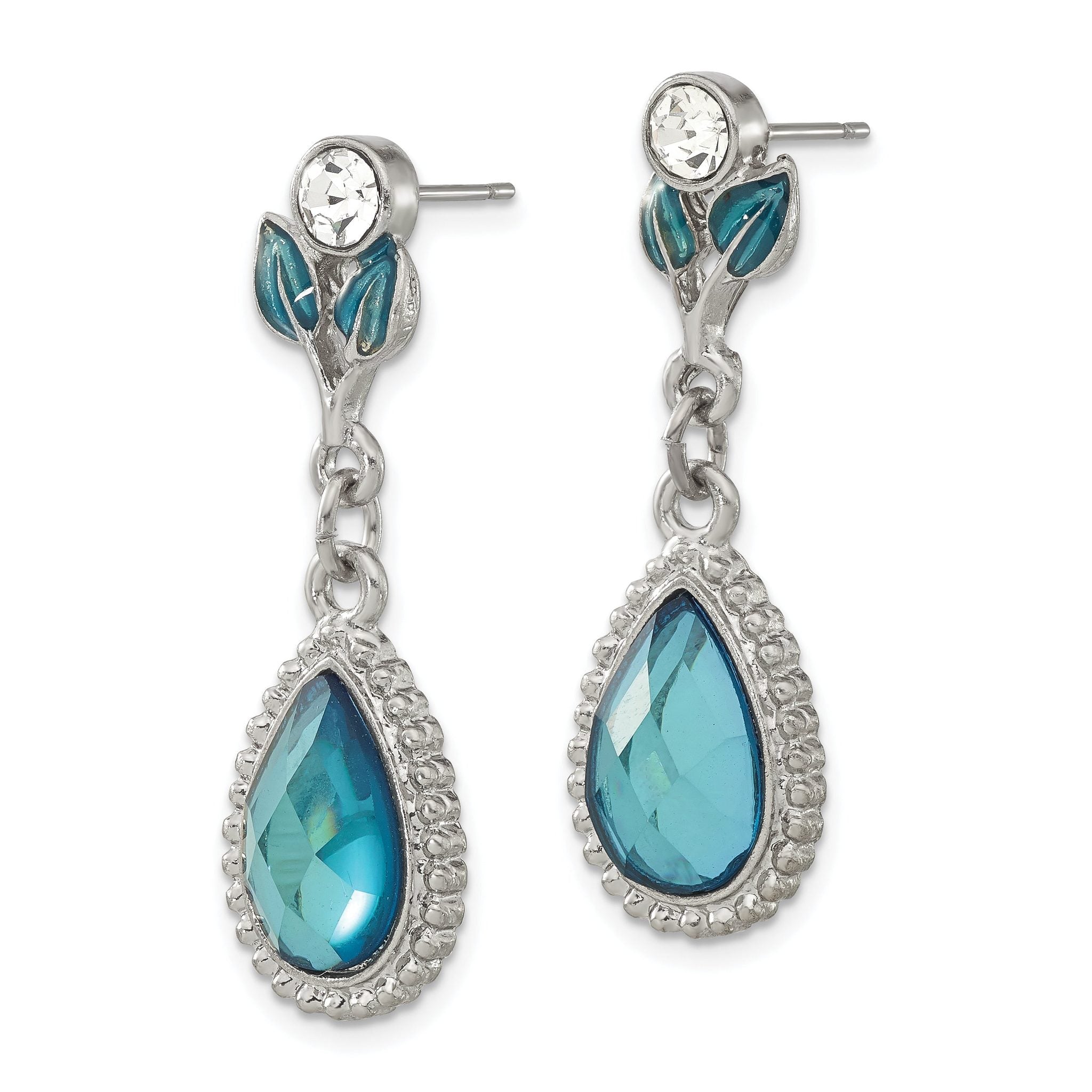 1928 Silver-tone Crystal, Blue Enamel & Epoxy Dangle Post Earrings Secondary image