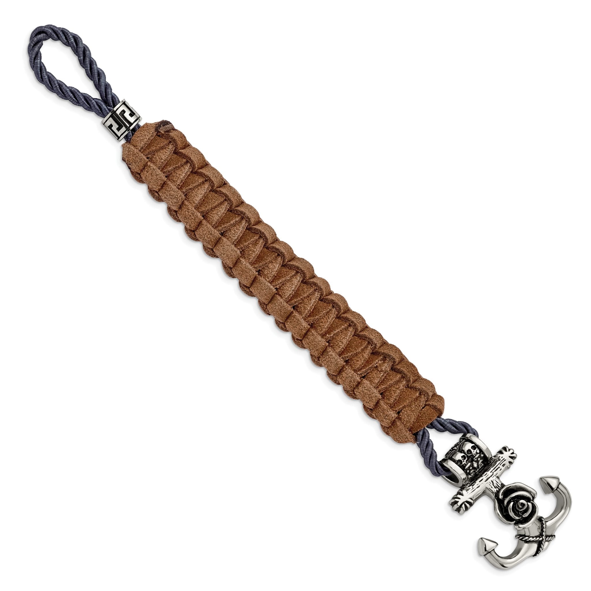 Stainless Steel Antiqued and Polished Anchor with Flower and Skulls Brown Leather Bracelet for Men Secondary image