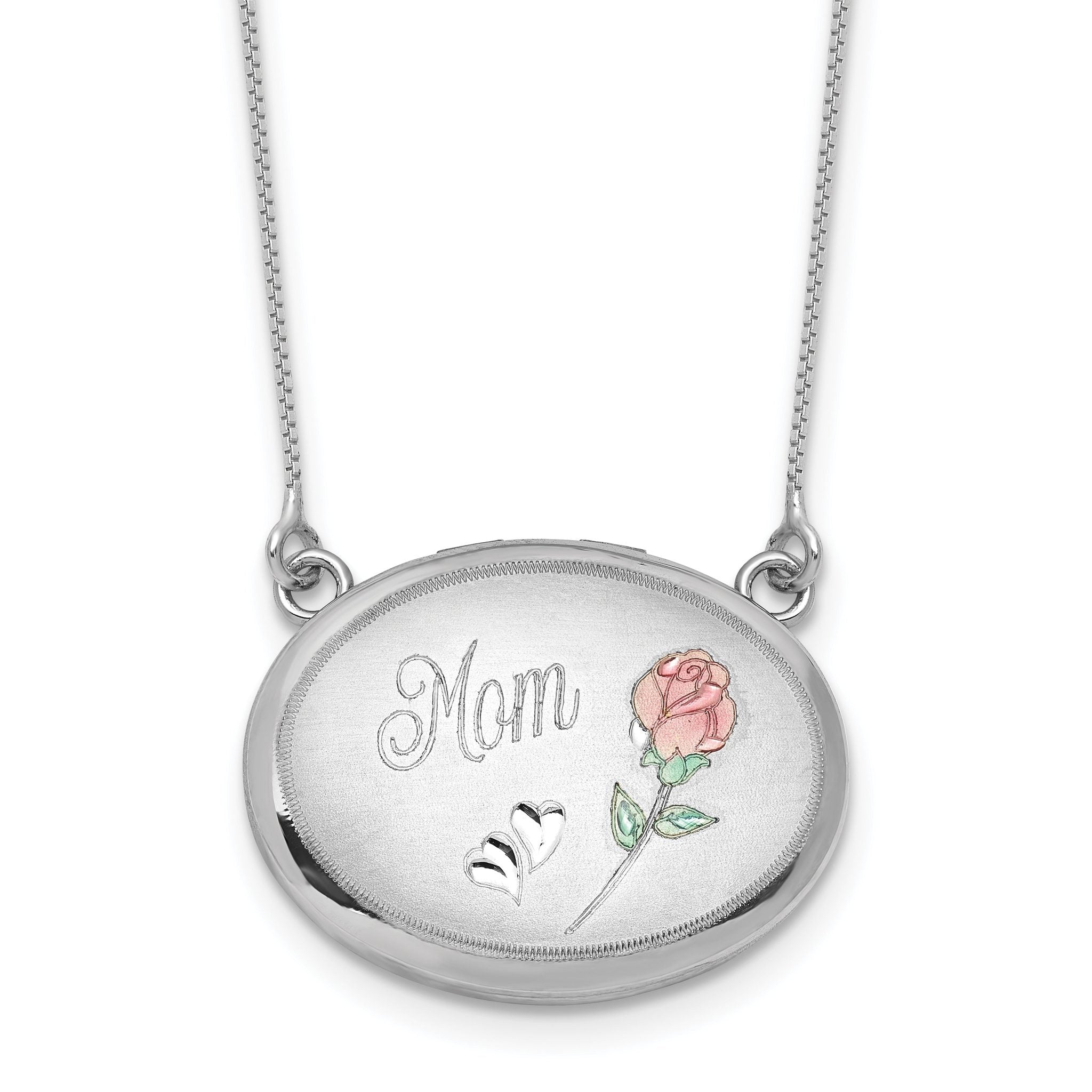 Sterling Silver Rhodium-plated Brushed/Polished Pink and Green Epoxy MOM Rose 18.75 inch with 2 inch ext. 20mm Oval Locket Necklace Main image