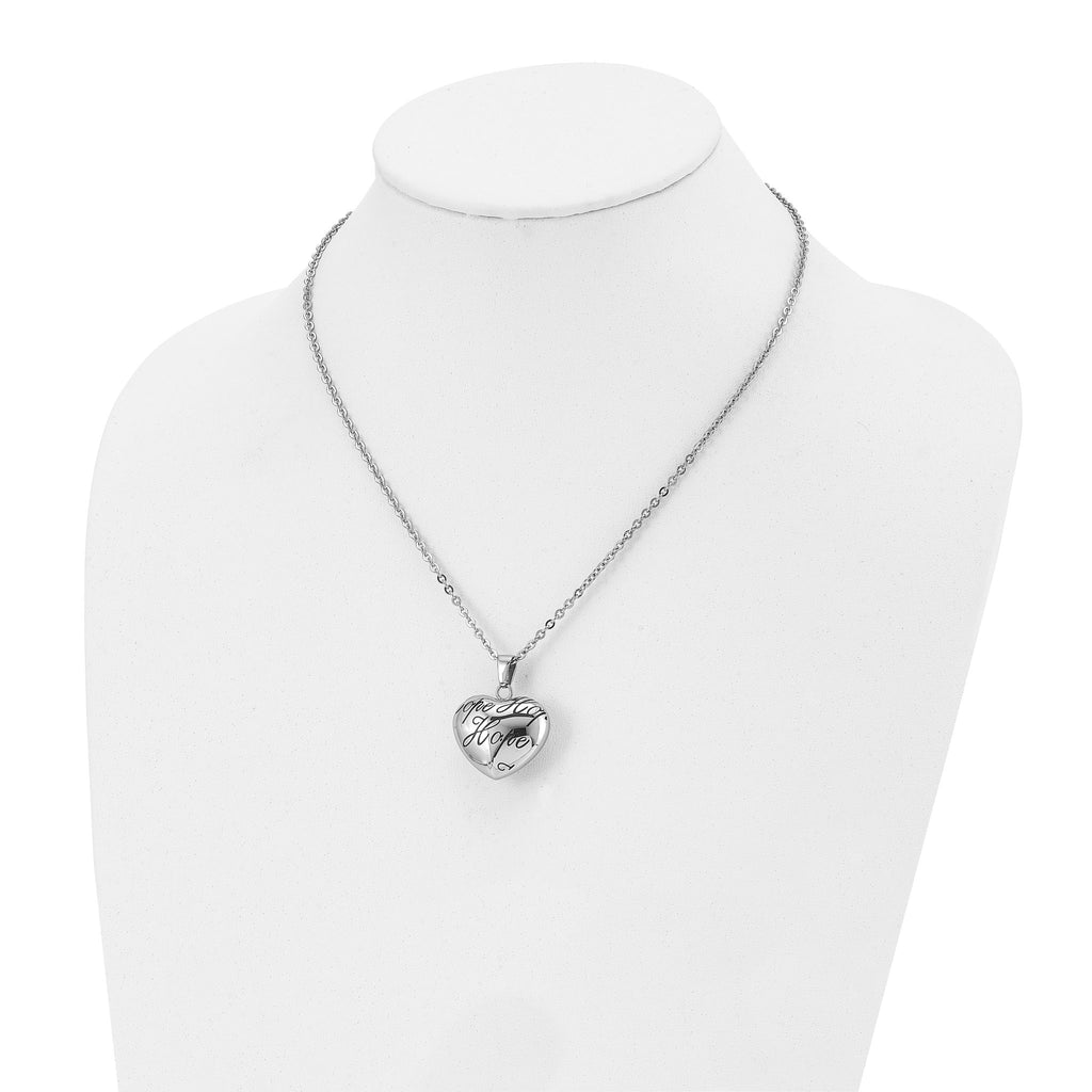 Enameled HOPE Hollow Heart Pendant Necklace in Stainless Steel