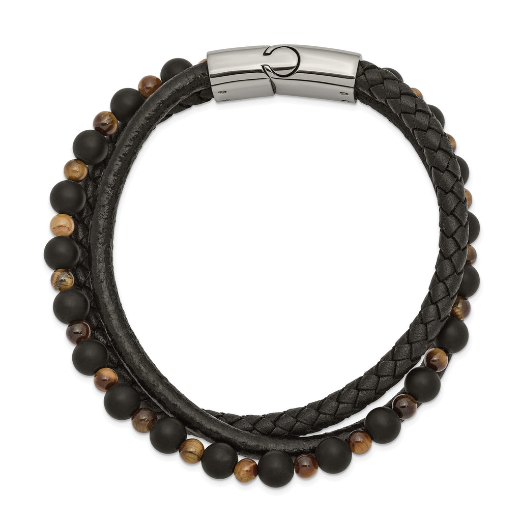 Stainless Steel Polished Multi Strand Tiger's Eye and Black Agate Beaded Black Leather Bracelet for Men