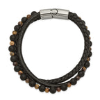 Stainless Steel Polished Multi Strand Tiger's Eye and Black Agate Beaded Black Leather Bracelet for Men