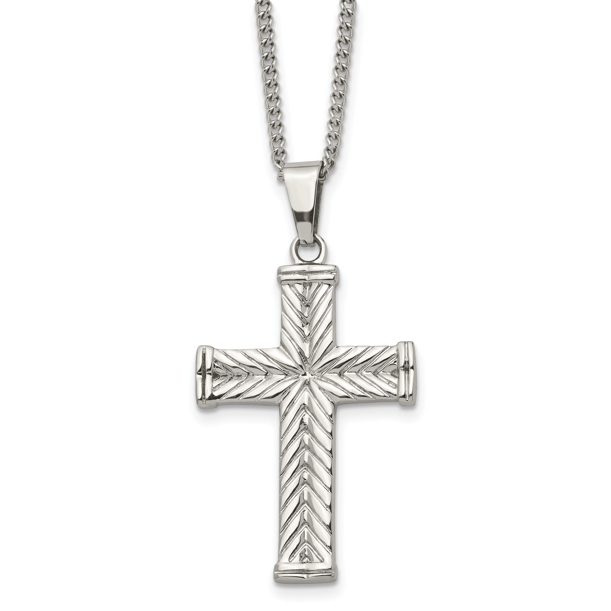 Chisel Stainless Steel Polished and Textured Cross Pendant on a 22 inch Curb Chain Necklace Main image