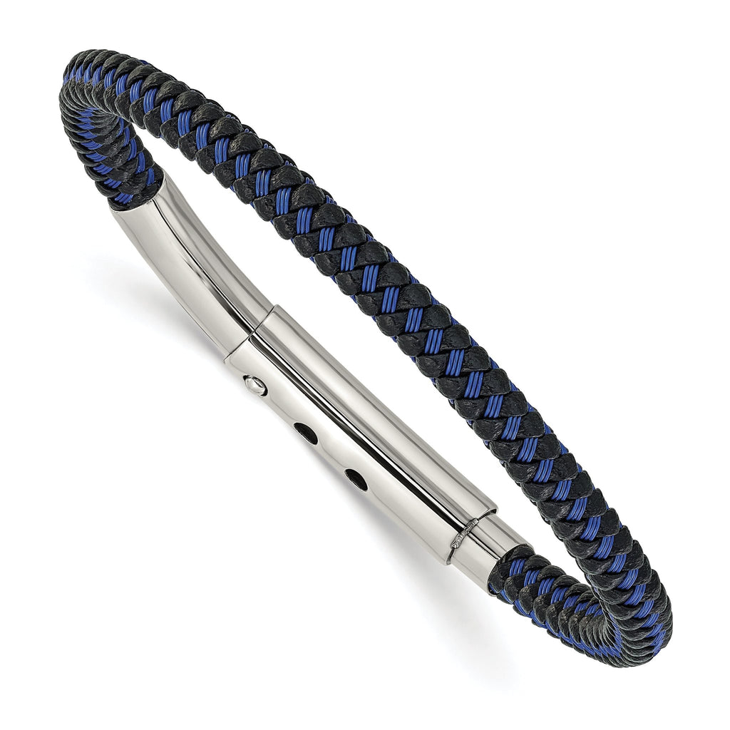 Stainless Steel Polished Blue Wire and Black Polyurethane Adjustable 7.75 to Bracelet for Men