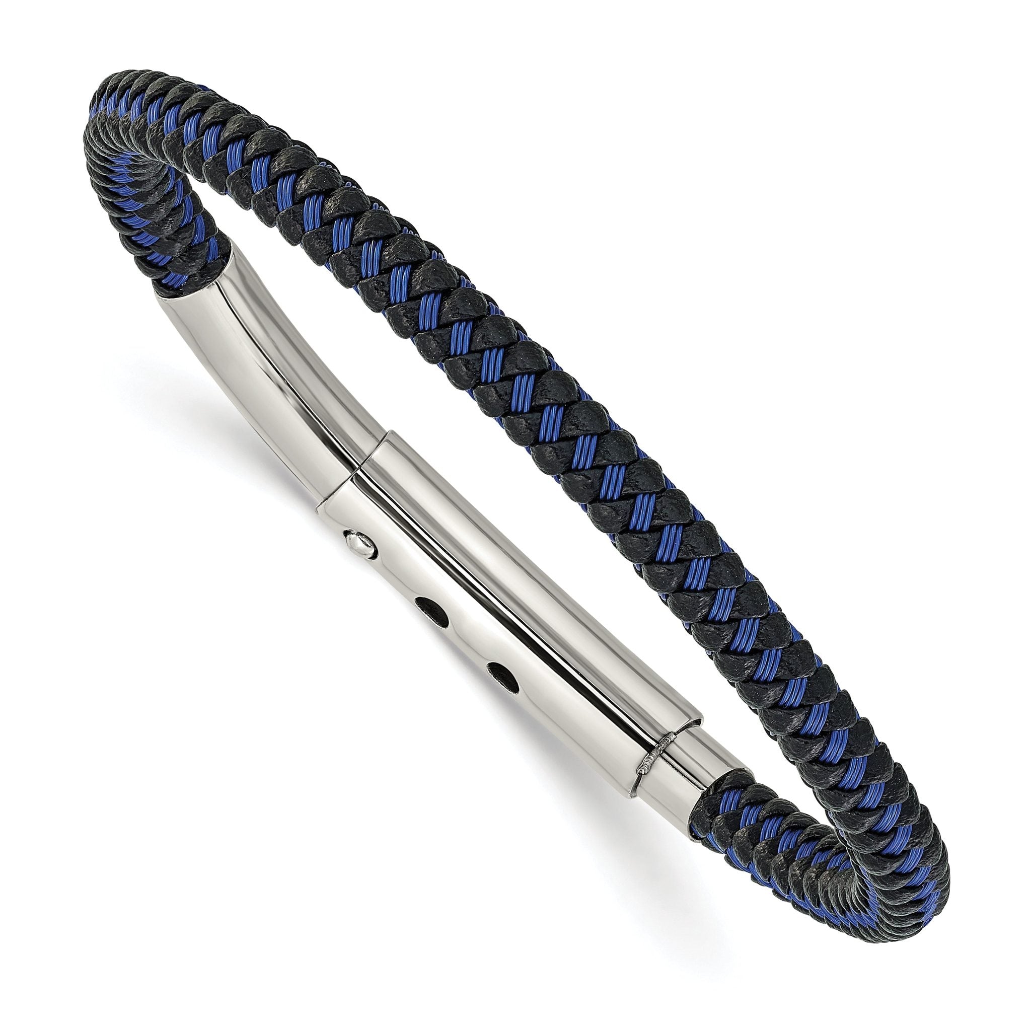 Stainless Steel Polished Blue Wire and Black Polyurethane Adjustable 7.75 to Bracelet for Men