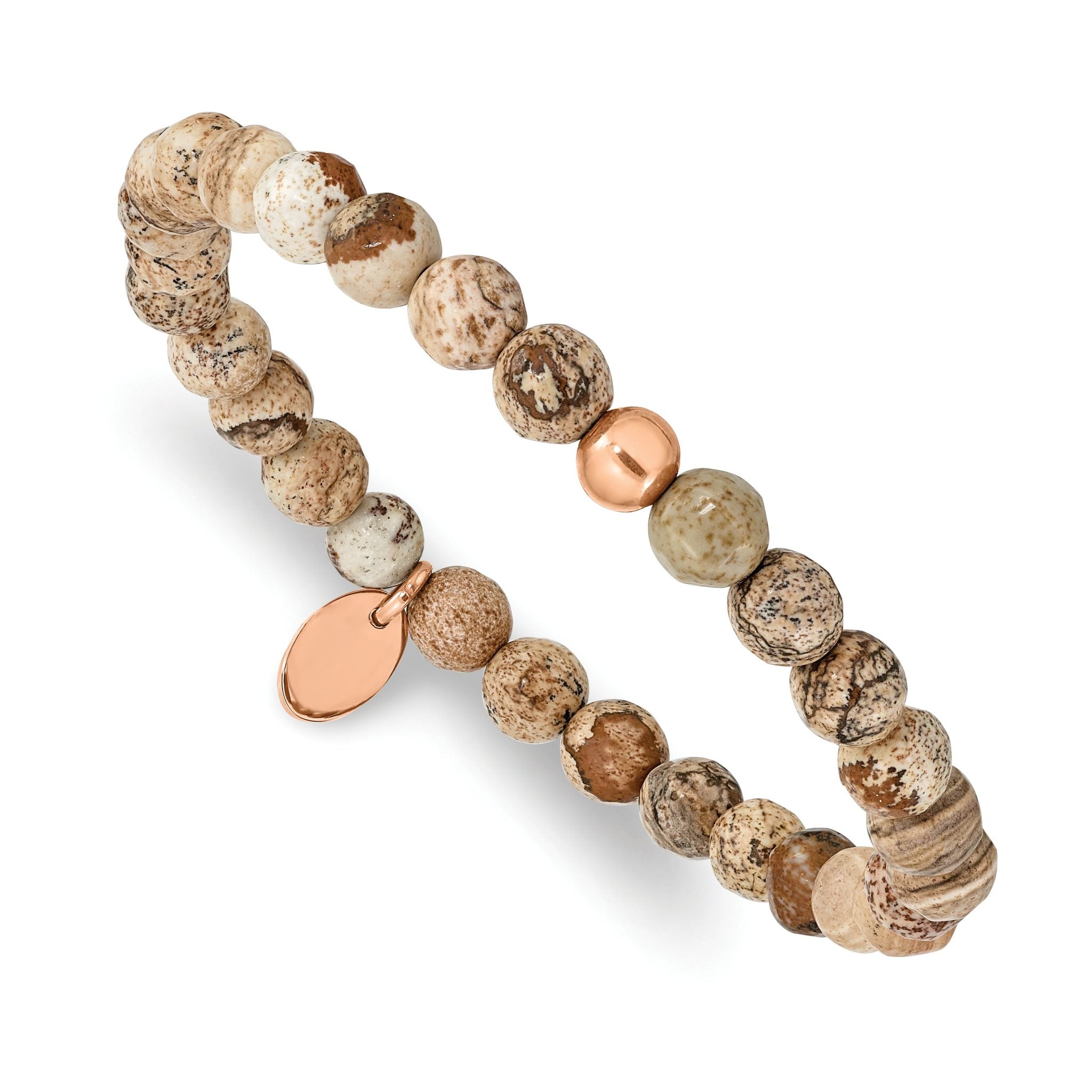 Stainless Steel Polished Rose IP-plated 6mm Brown Jasper Beaded Stretch Bracelet for Women Main image