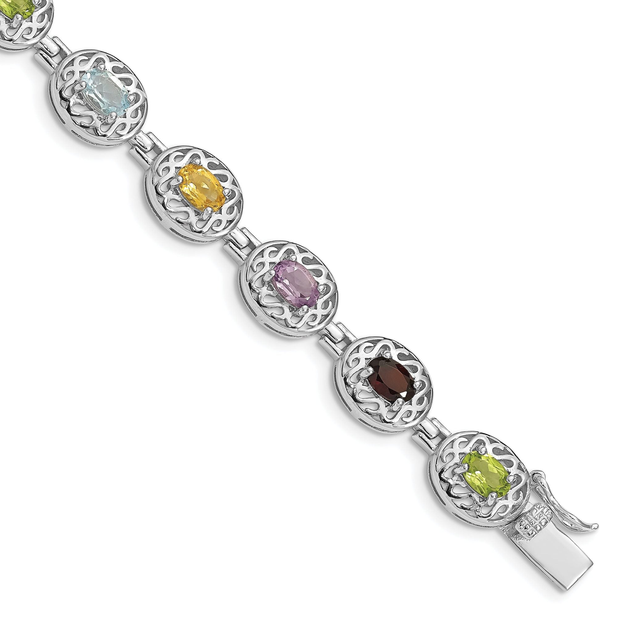 Sterling Silver 925 Multi-Gemstone Bracelet with Rhodium Polish Elegant Design