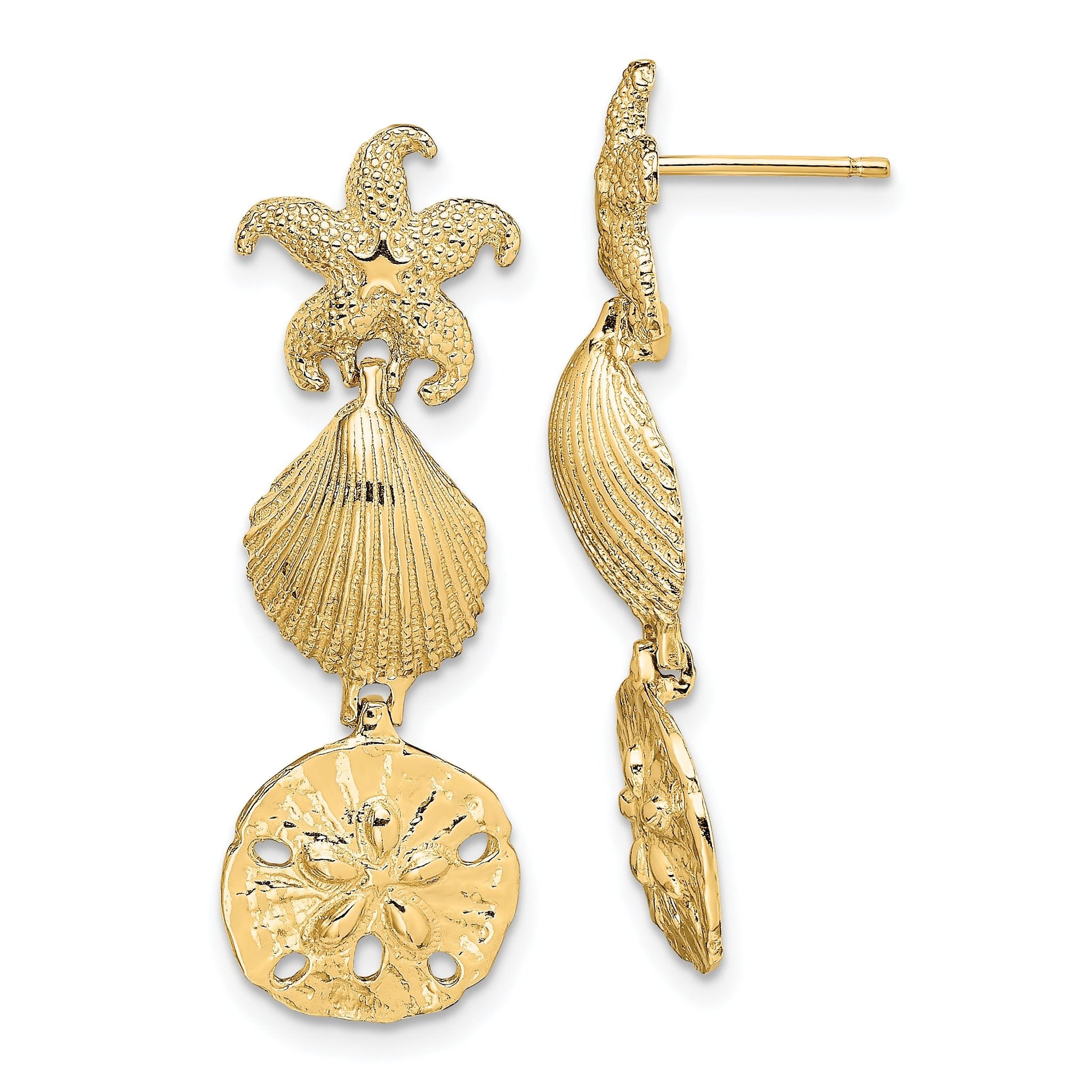 14K Starfish, Shell ,Sand Dollar Dangle Earrings