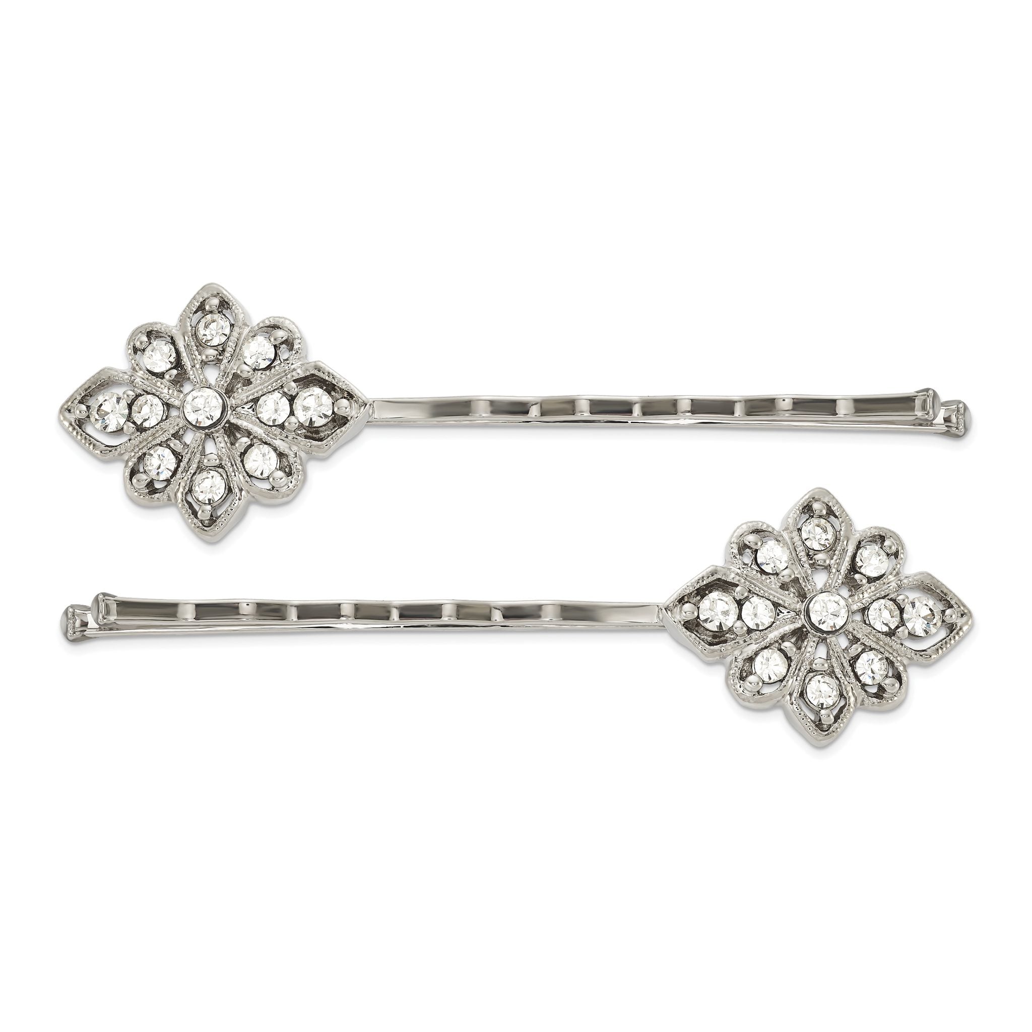 1928 Jewelry Set of 2 Silver-tone Filigree Clear Crystal Hairpins Main image