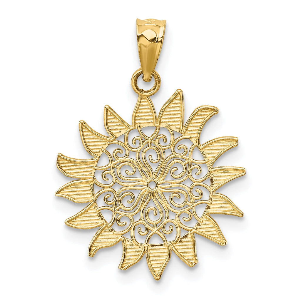 14K Gold Polished Filigree Sun Pendant with Textured Design by Sophia Jewelers