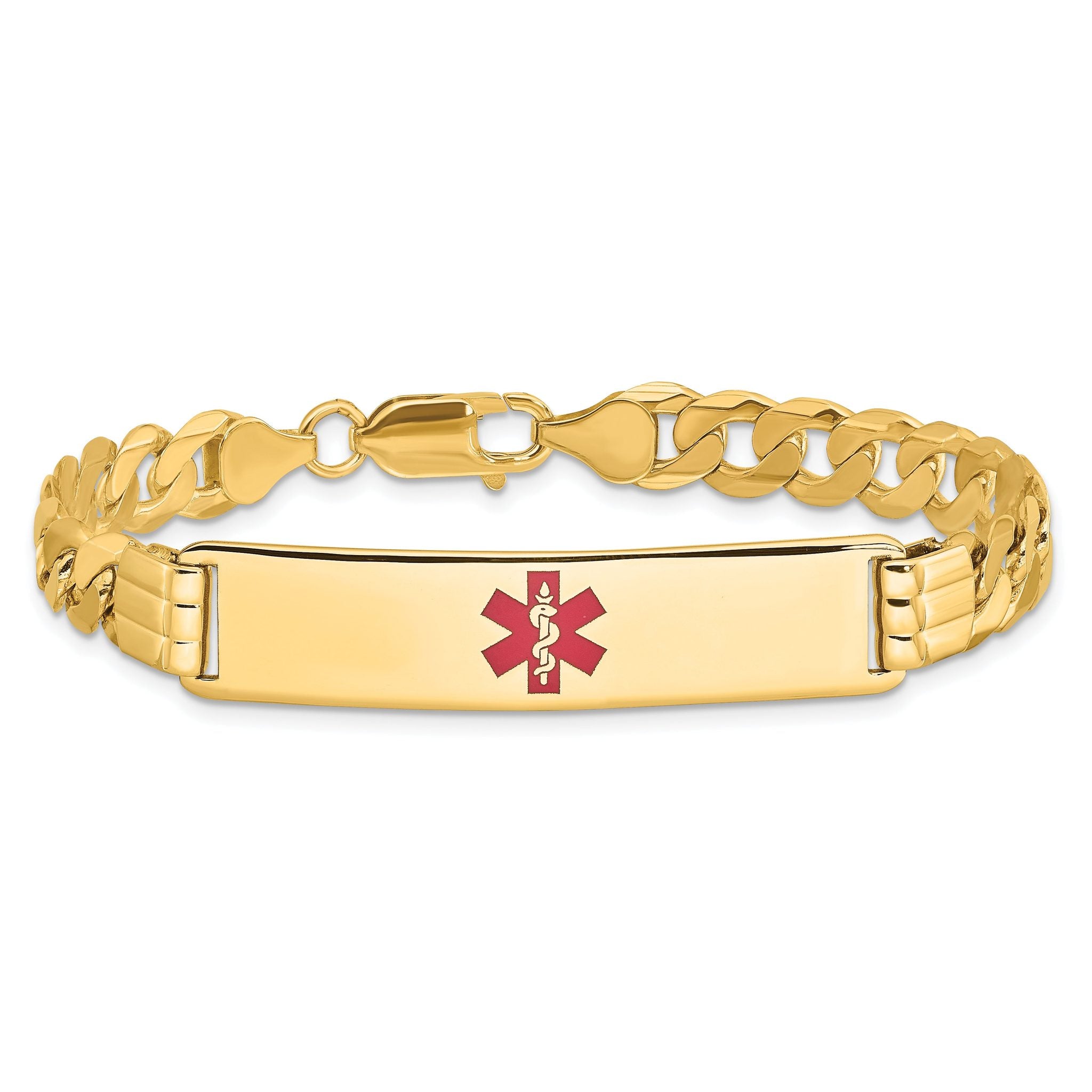 14K Medical Solid Chain/Solid Plate 40x10mm Centered Red Enamel Curb Link 8 inch ID Bracelet
