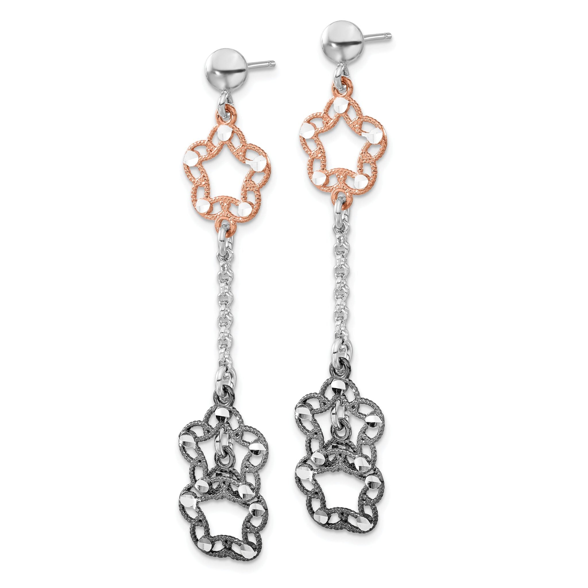 Sterling Silver Rose-Tone Ruthenium-Plated Dangle Earrings with Diamond-Cut Flower Design Secondary image