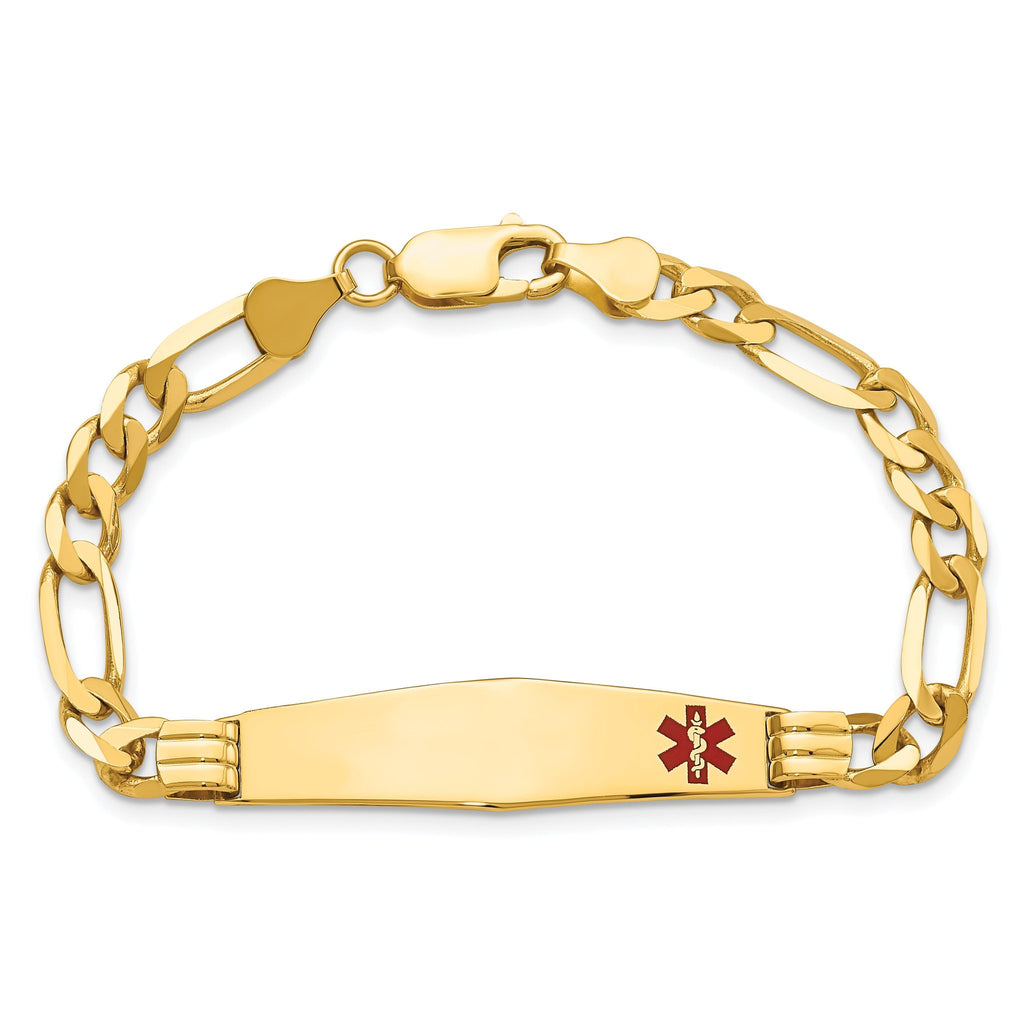 14K Medical Solid Chain/Solid Plate Soft Diamond Shape 38x9mm Off-Center Red Enamel Figaro Link 7 inch ID Bracelet