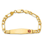 14K Medical Solid Chain/Solid Plate Soft Diamond Shape 38x9mm Off-Center Red Enamel Figaro Link 7 inch ID Bracelet