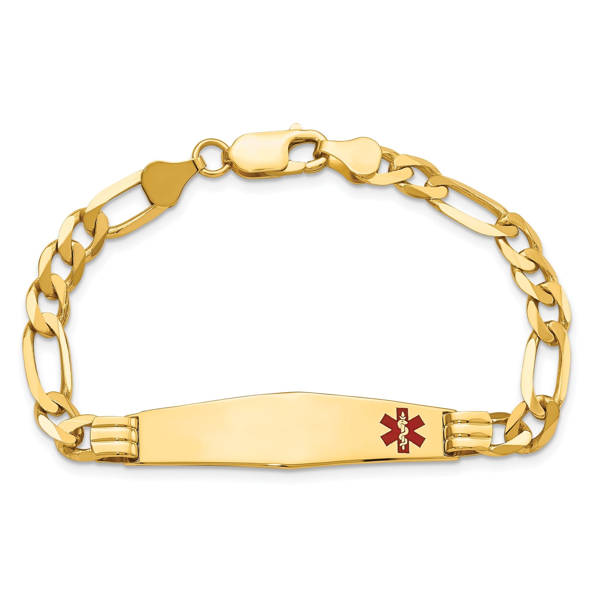 14K Medical Solid Chain/Solid Plate Soft Diamond Shape 38x9mm Off-Center Red Enamel Figaro Link 7 inch ID Bracelet