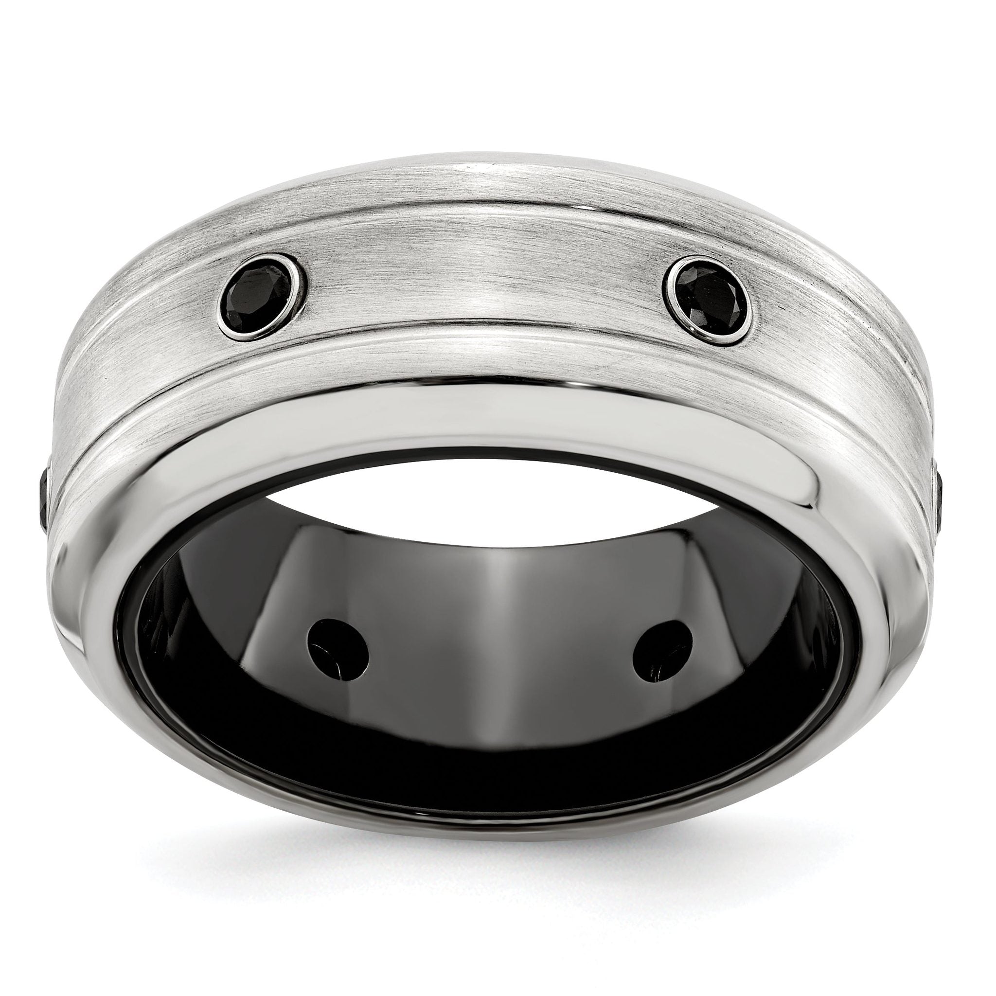 Black Spinel Wedding Band in Black Titanium & Sterling Silver, 10mm