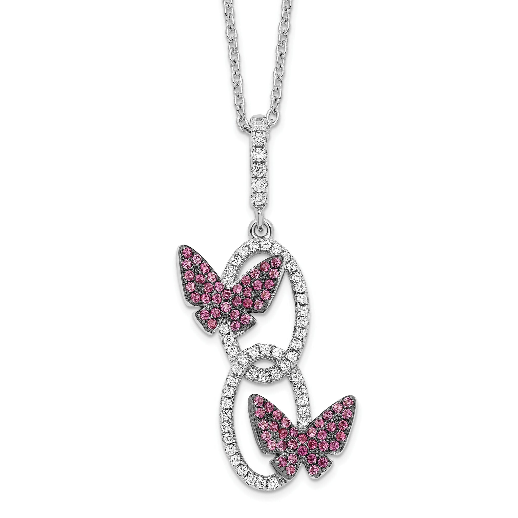 Sophia Jewelers Sterling Silver CZ Necklace with Red Butterfly Charm