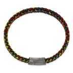 Stainless Steel Antiqued Braided Brown Leather and Multi-color Nylon Bracelet