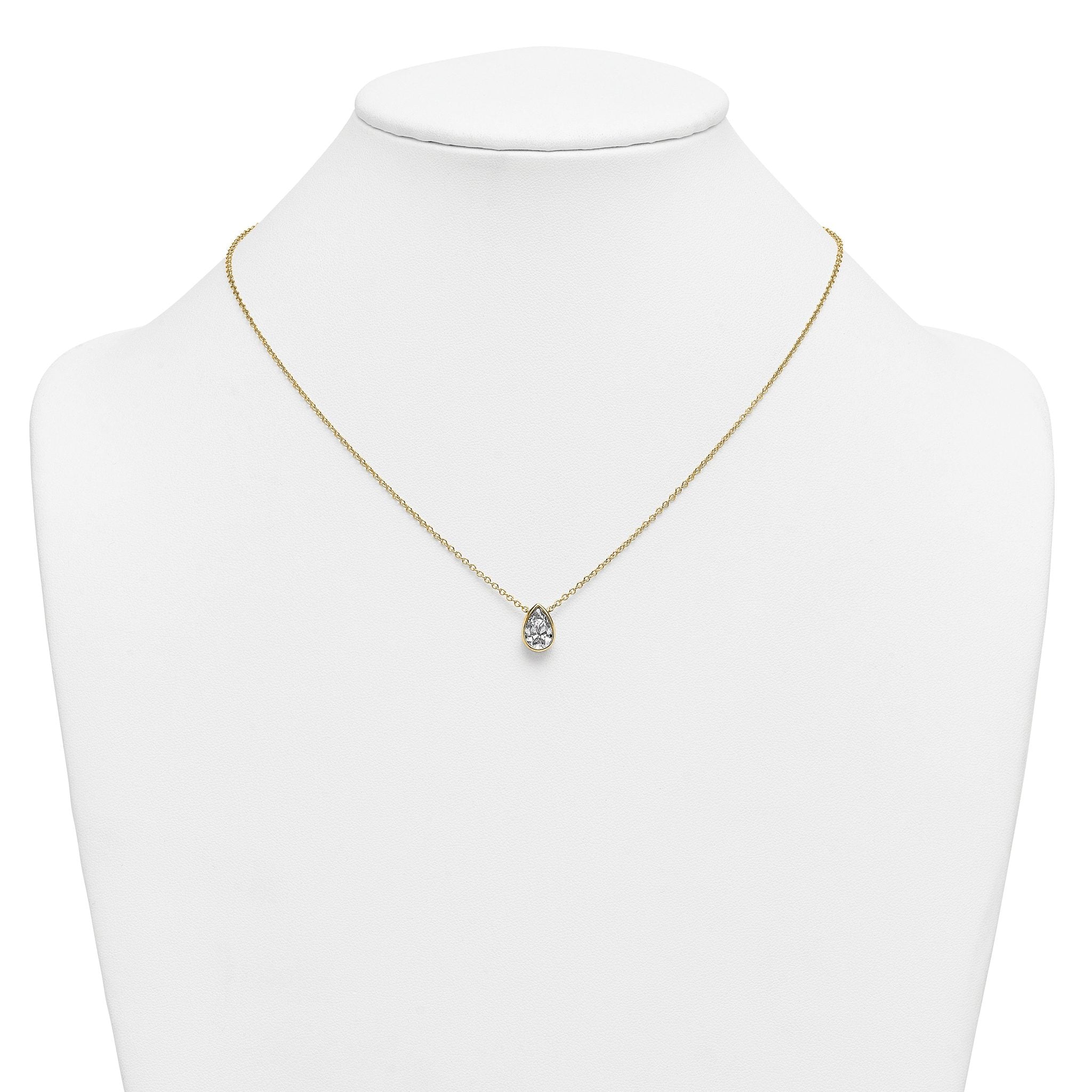 14k 1 1/2 carat Certified Lab Grown Diamond VS+ F+ Pear Complete 18 inch Bezel Set Solitaire Necklace