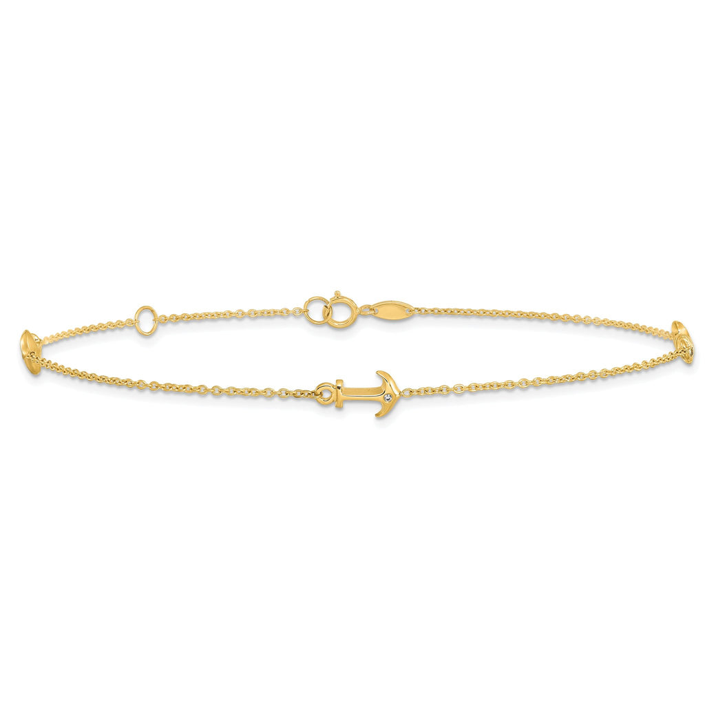 14K CZ Anchor 3-Station 9 inch Plus 1 inch Extender - Total 10 inch Anklet