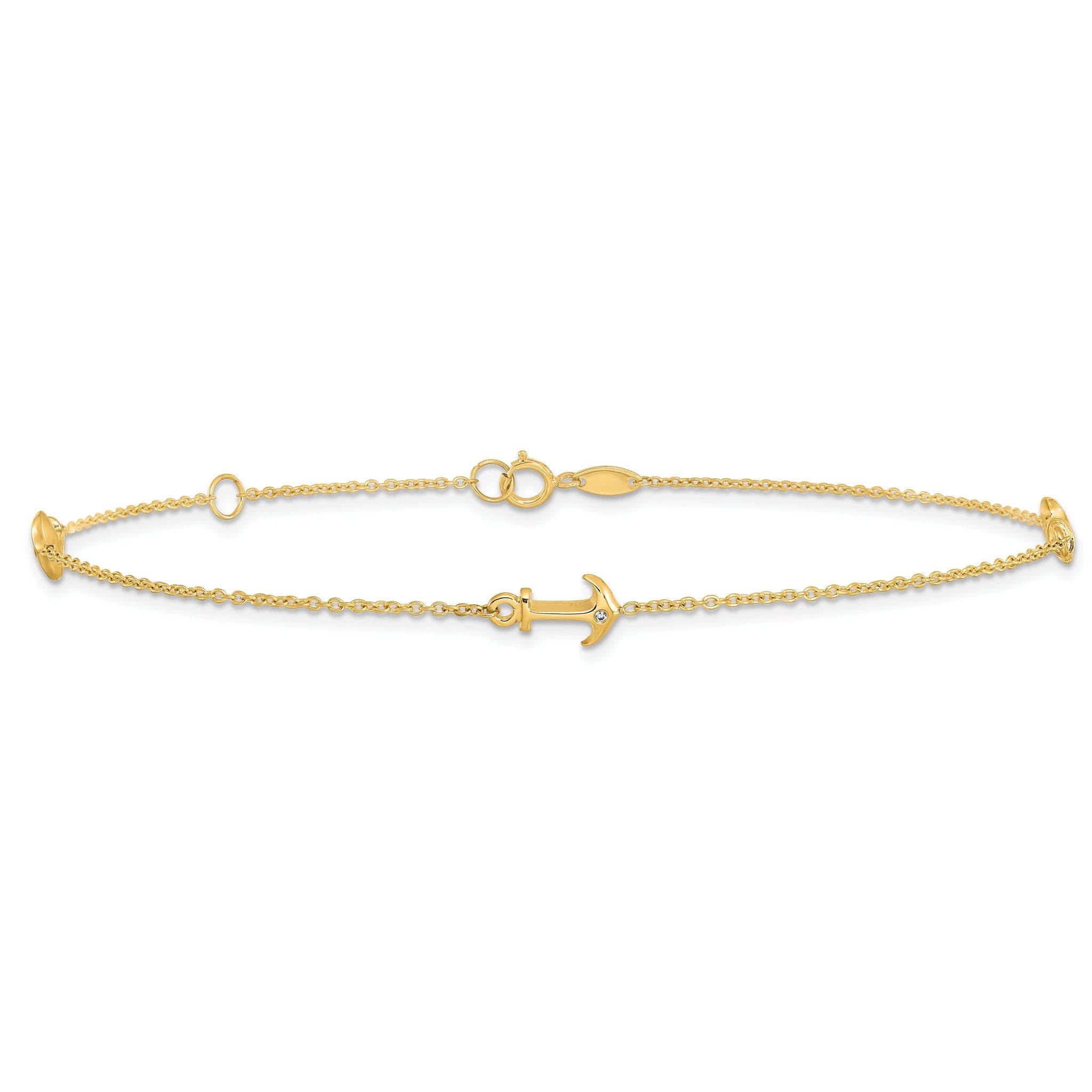 14K CZ Anchor 3-Station 9 inch Plus 1 inch Extender - Total 10 inch Anklet