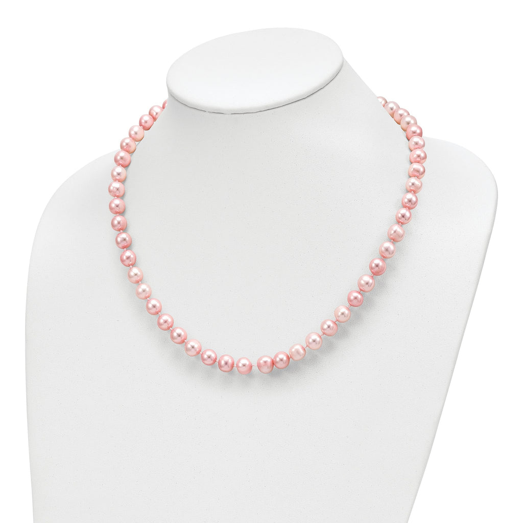 Sterling Silver Rhodium-plated 7-8mm Pink Near-Round Freshwater Cultured Pearl 18 inch Necklace, Stretch Bracelet and Button Post Earrings Set