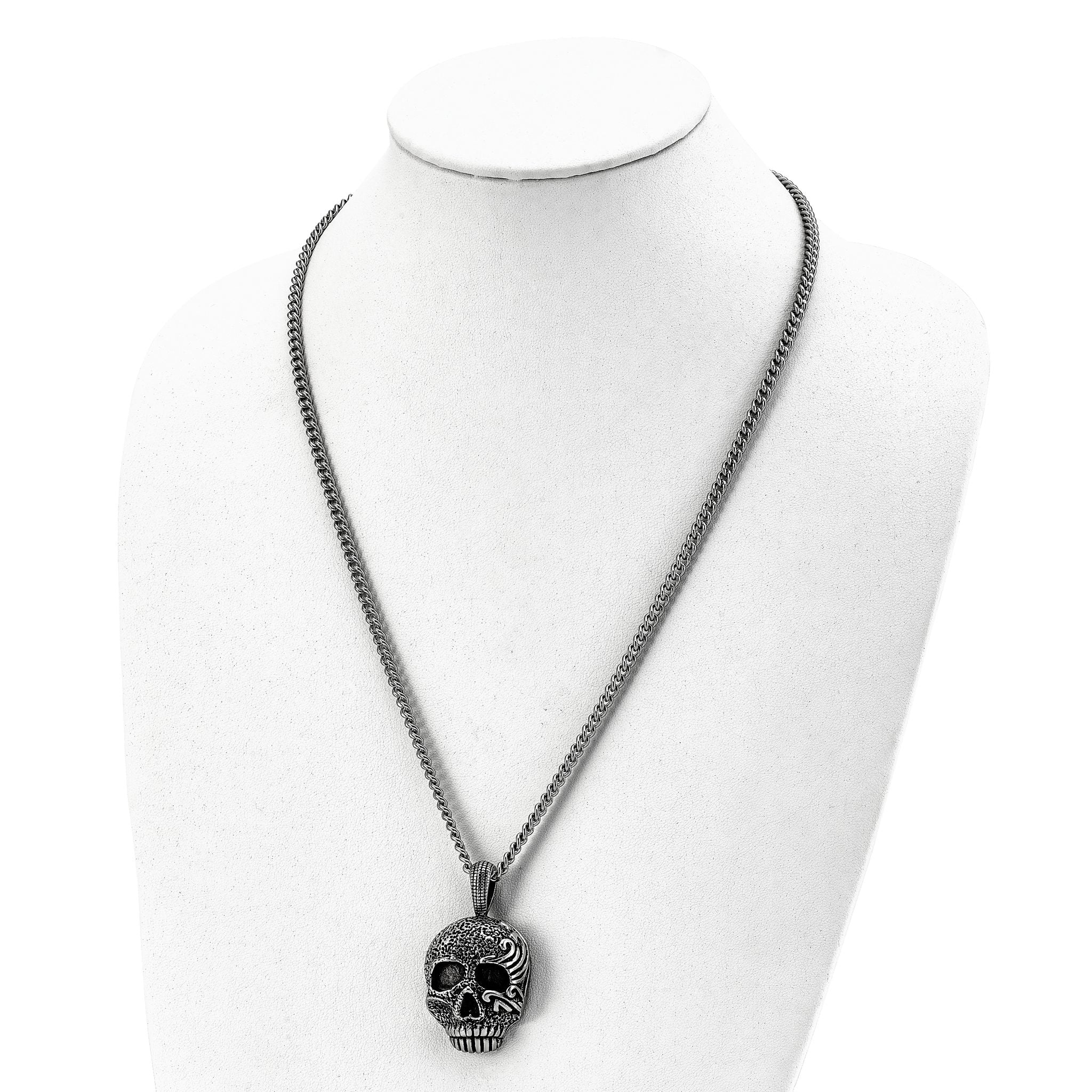 Sophia Jewelers Men's Antiqued Stainless Steel Skull Pendant Necklace Gift Ready