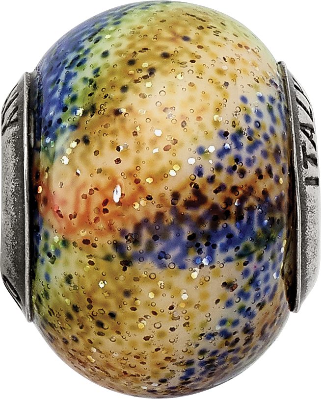 Sterling Silver Italian Glass Bead with Blue, Orange & Green Polished Finish