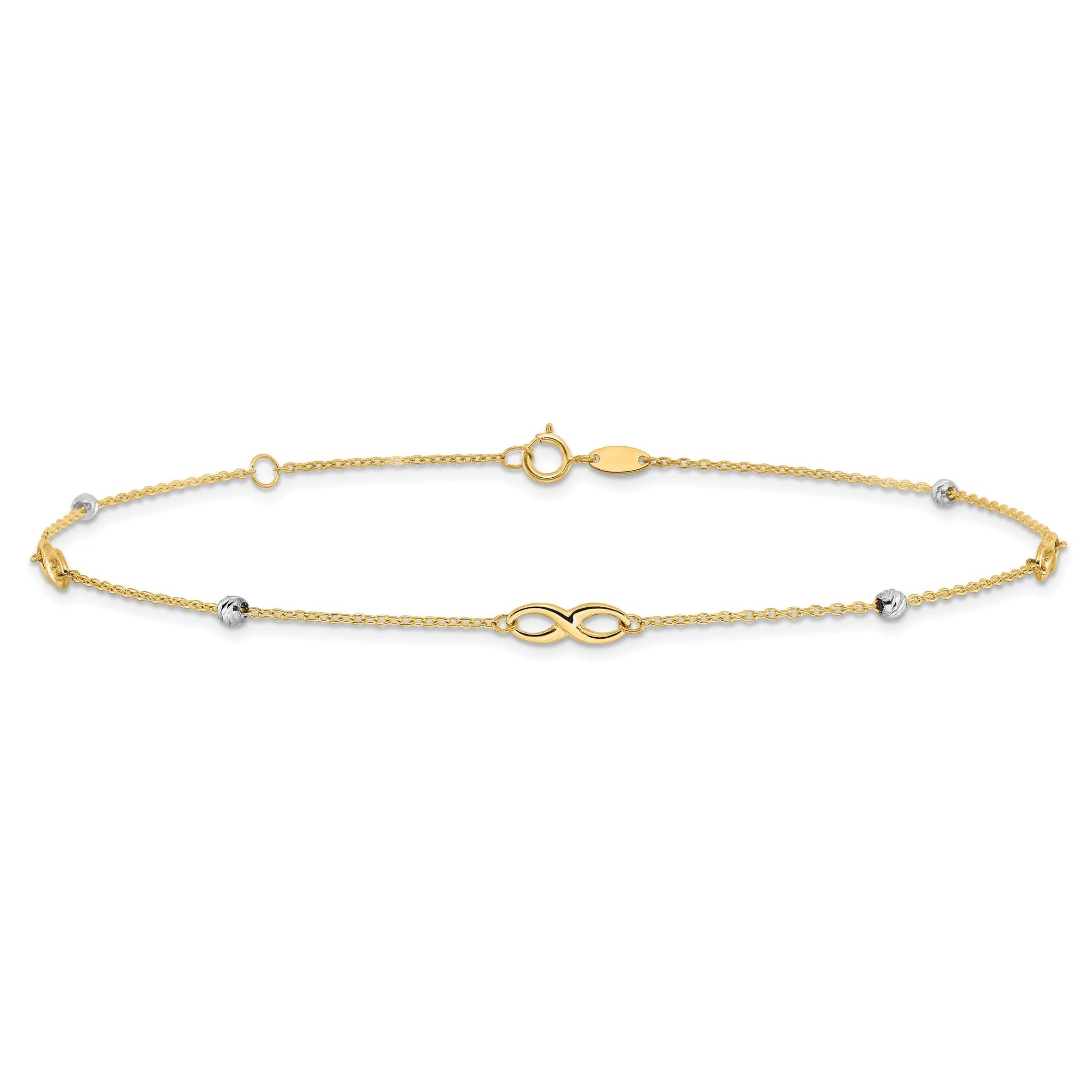 10K Two-Tone Infinity and Diamond-cut Beads 10 inch Plus 1 inch Extender - Total 11 inch Anklet
