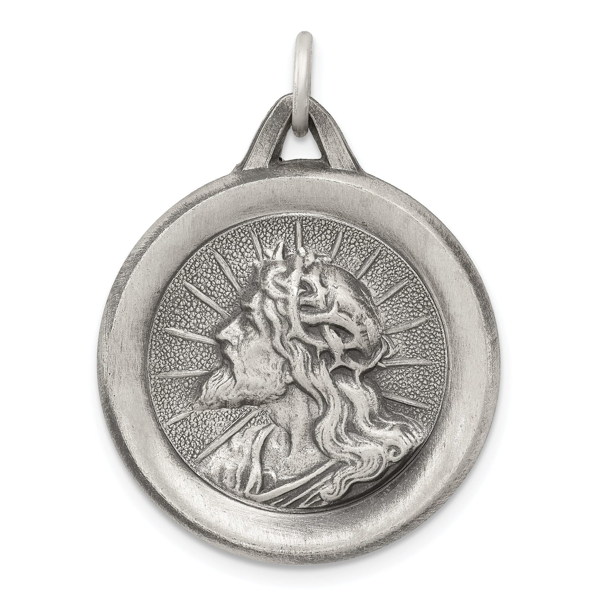 Sterling Silver 925 Antiqued Jesus Medal Pendant Vintage Inspired
