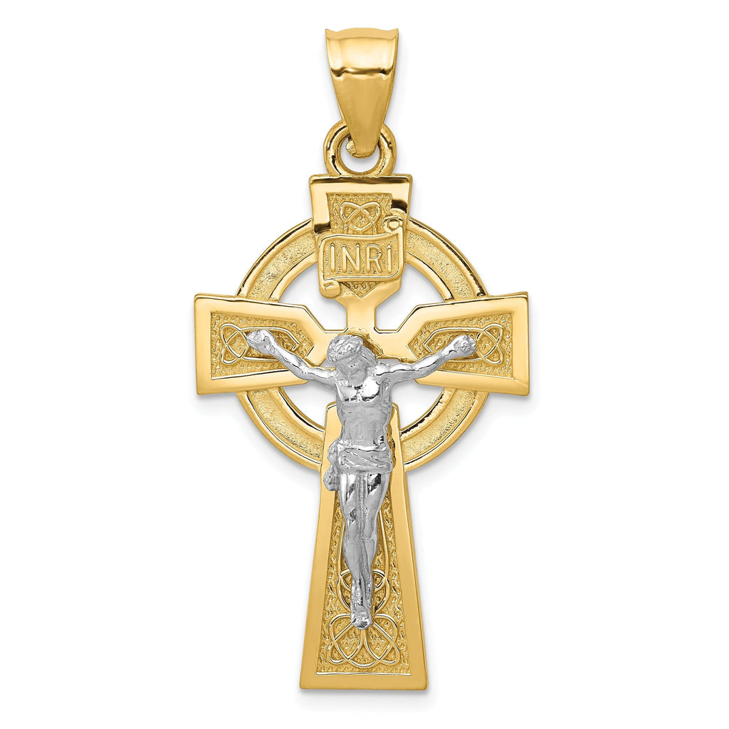 14K Two-Tone Gold Polished Celtic INRI Crucifix Pendant  Elegant Solid Design