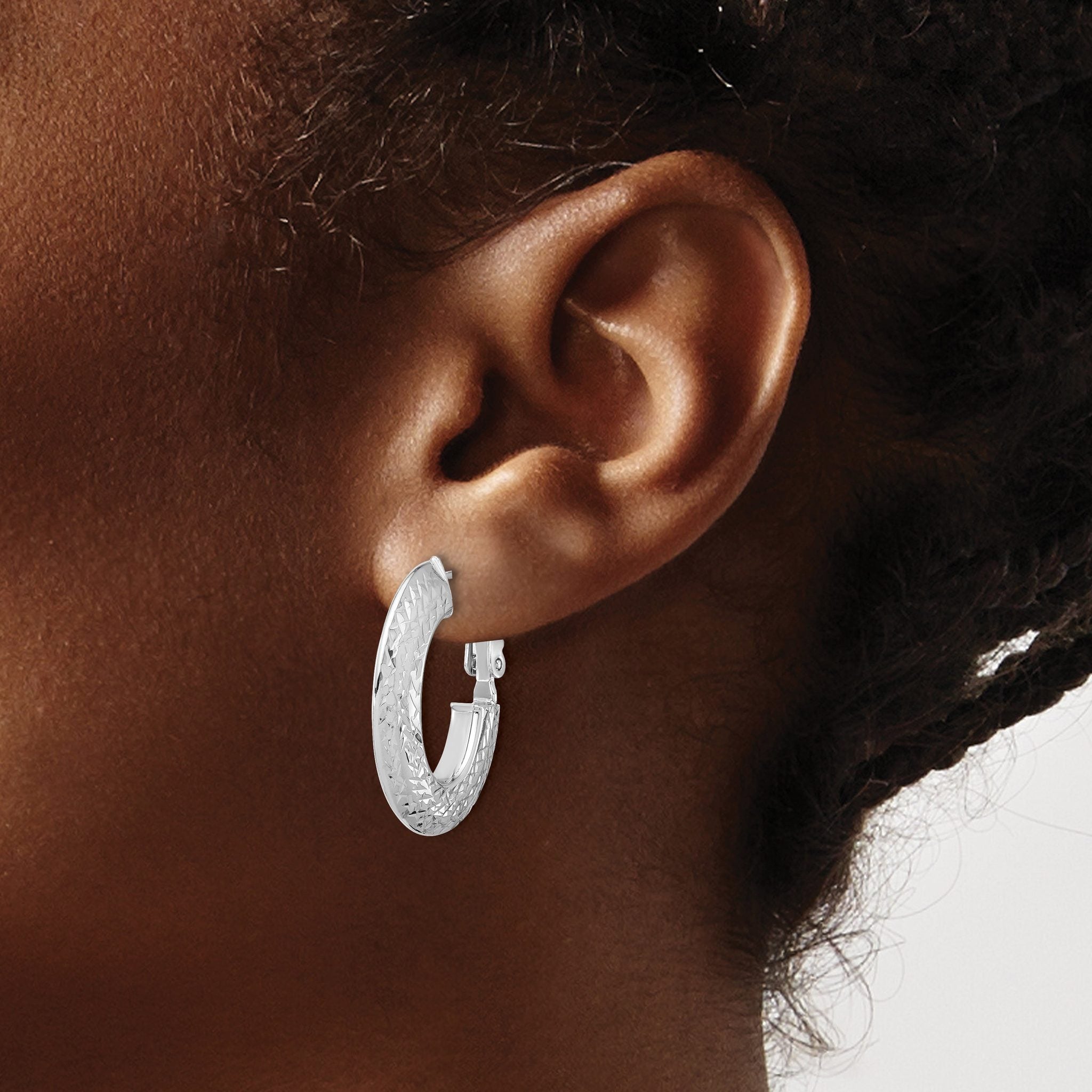 14k with White Rhodium Plating Polished and Diamond-cut Omega Back Hoop Earrings