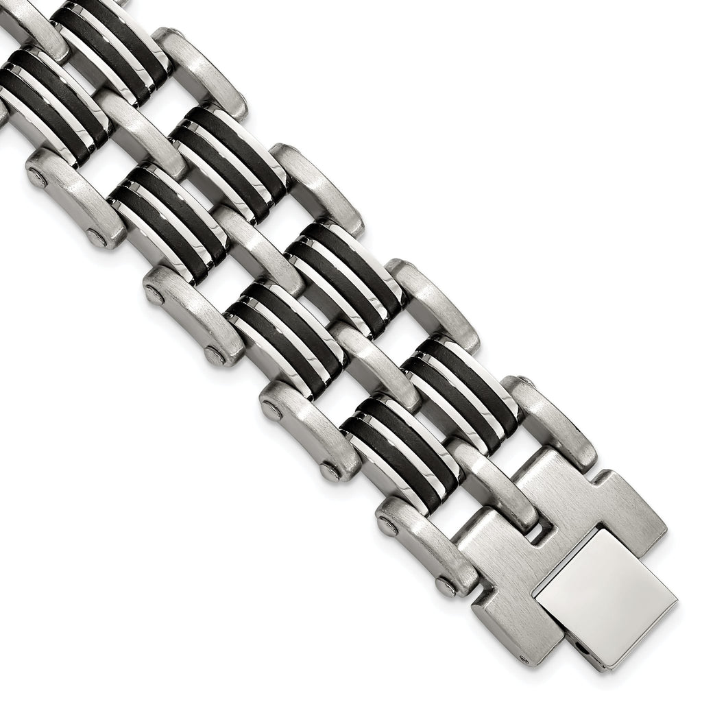 Stainless Steel Brushed and Polished with Black Rubber Inlay Link Bracelet for Men