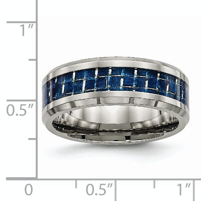 Beveled Wedding Band in Titanium with Blue Carbon Fiber Inlay, 8mm