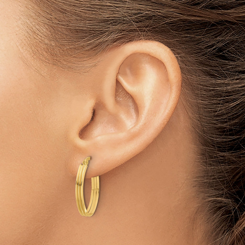 14K Polished and Grooved Oval Hoop Earrings